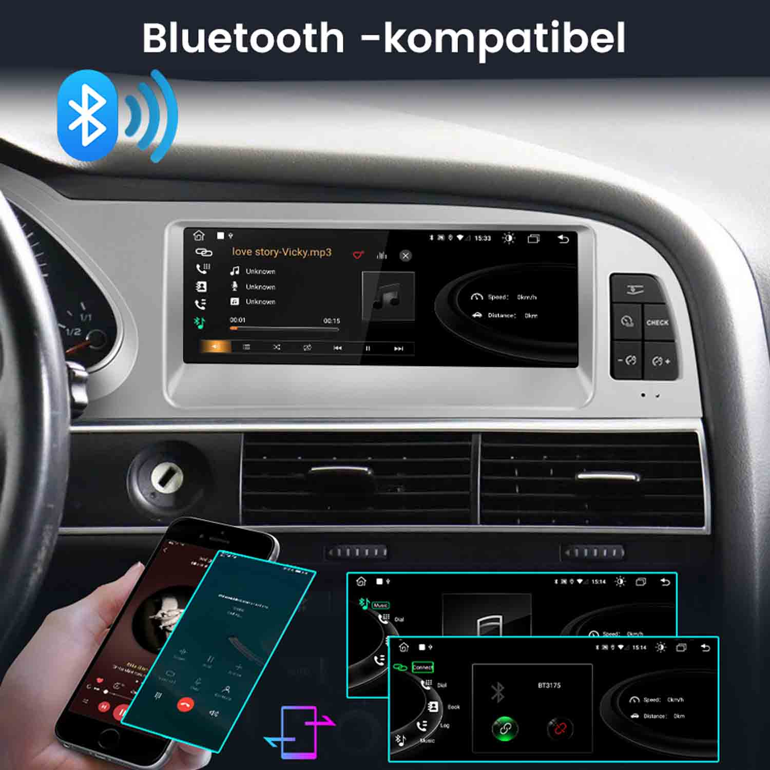 Bluetooth-fähiges Autoradio mit Smartphone-Integration und Musikwiedergabe.