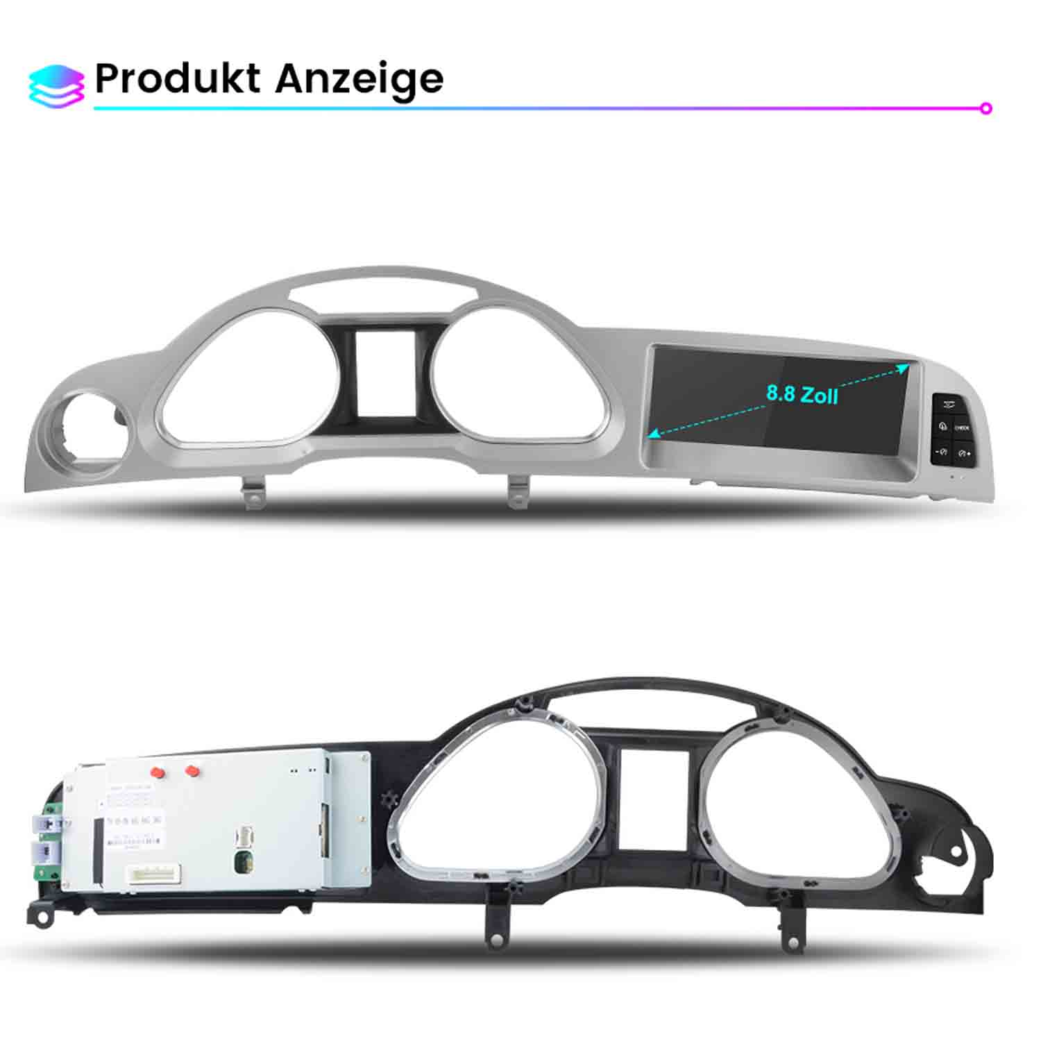Zwei Ansichten eines silbernen Armaturenbrettrahmens mit Display und Elektronik.