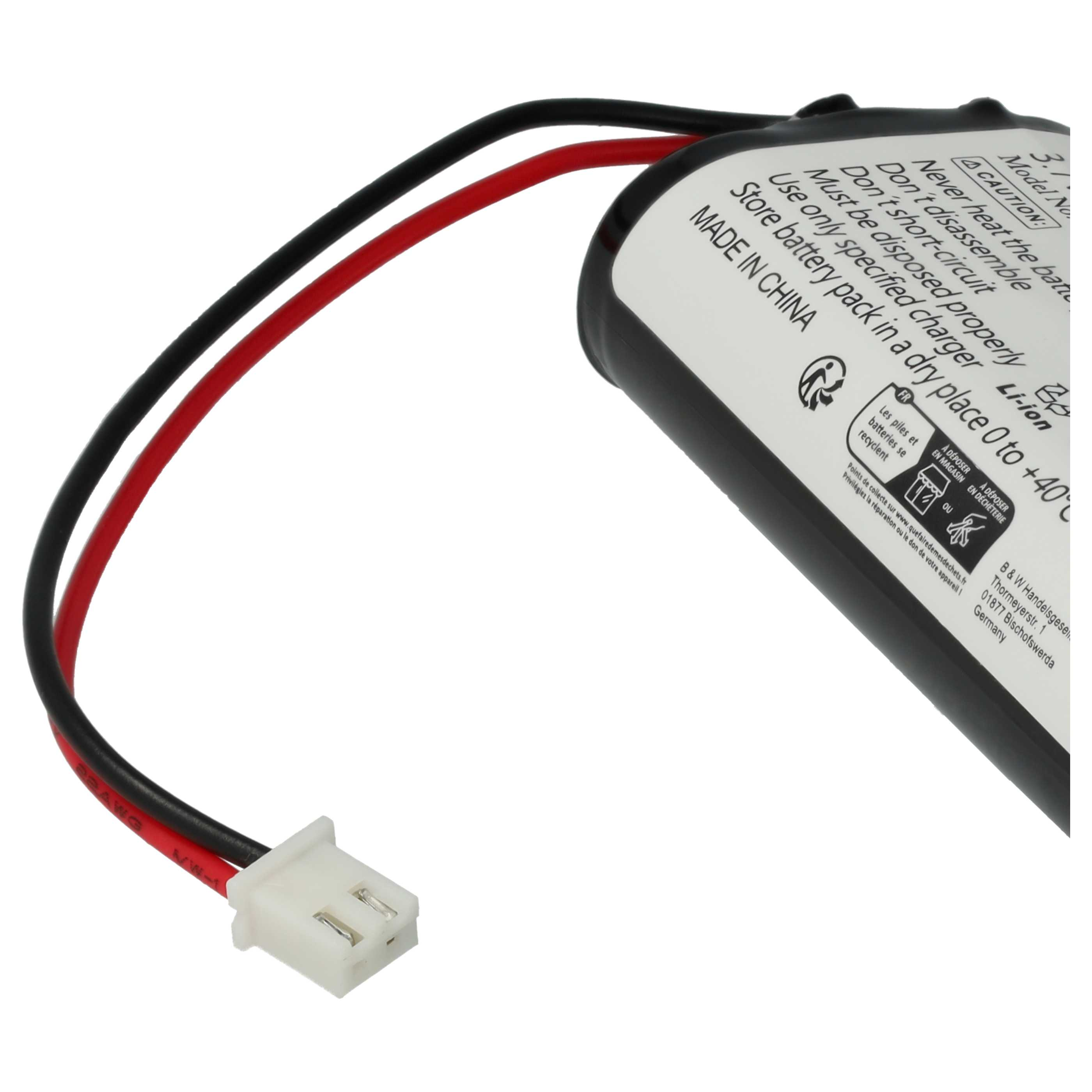 Ein Lithium-Ionen-Akku mit roten und schwarzen Kabeln und einem weißen Stecker.
