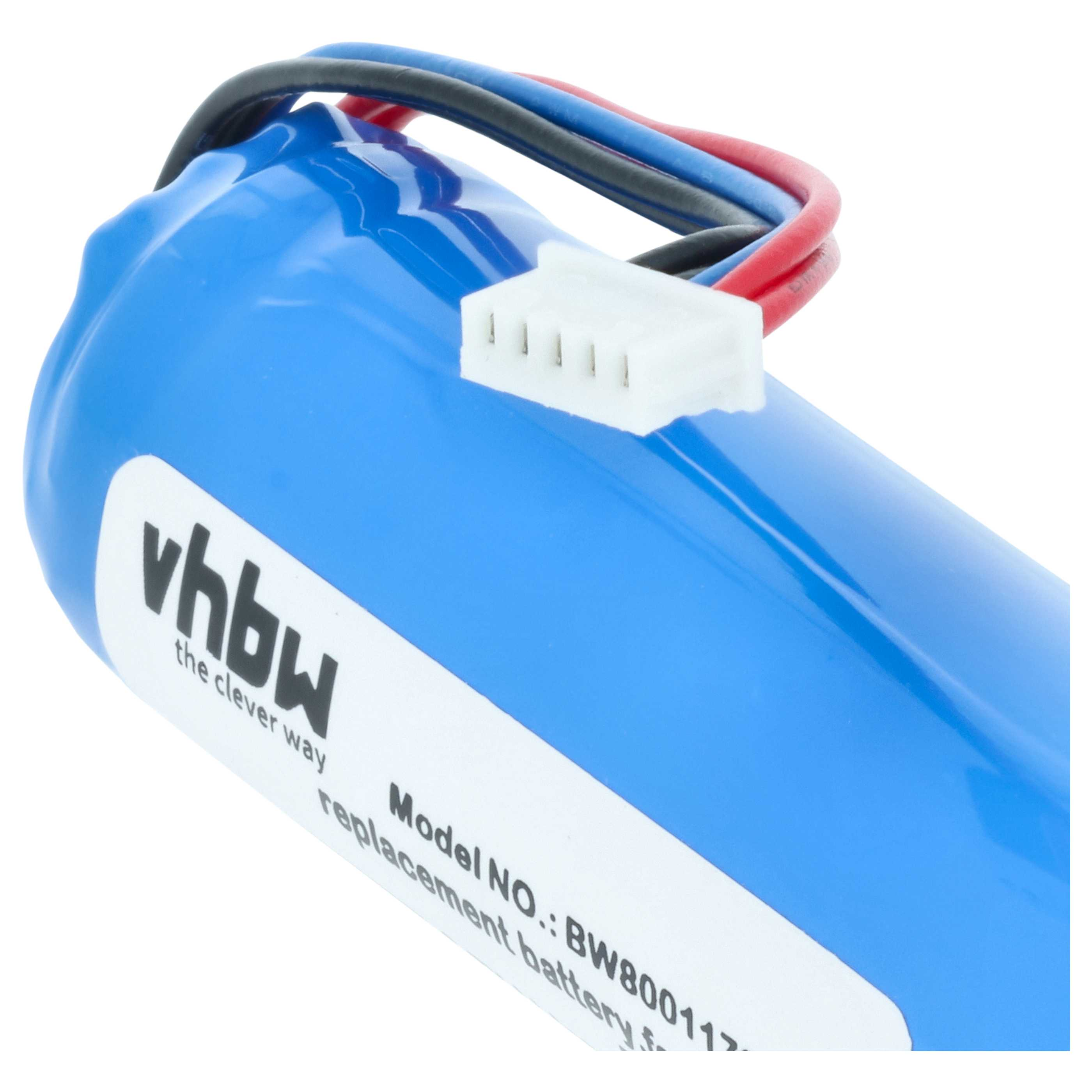 Blauer Akku mit Kabeln und weißem Stecker. Aufschrift vhbw und Modell NO.: BW800117.