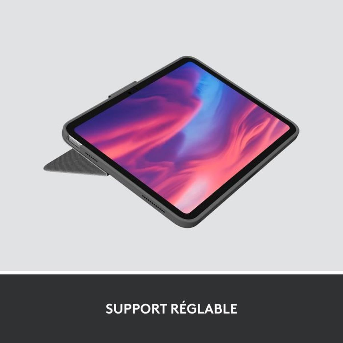 Un tablet in custodia, angolato su sfondo grigio.