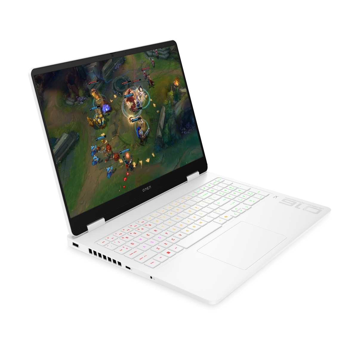 Portátil Omen blanco mostrando un juego de League of Legends con teclado colorido.