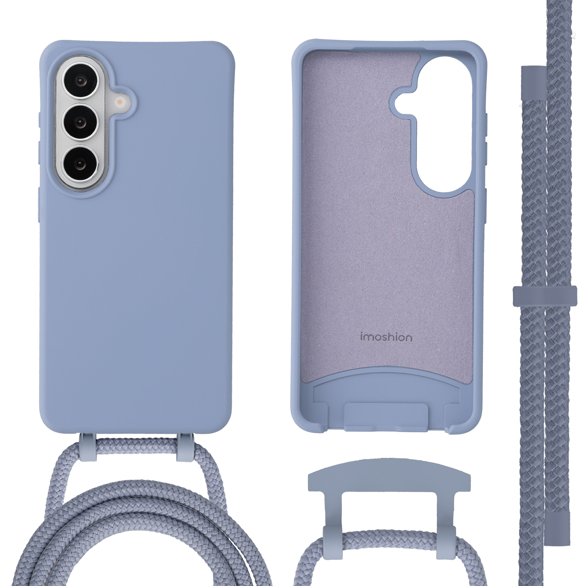 Een pervinca telefoonhoesje met een gevlochten grijze lanyard en bevestigingen.