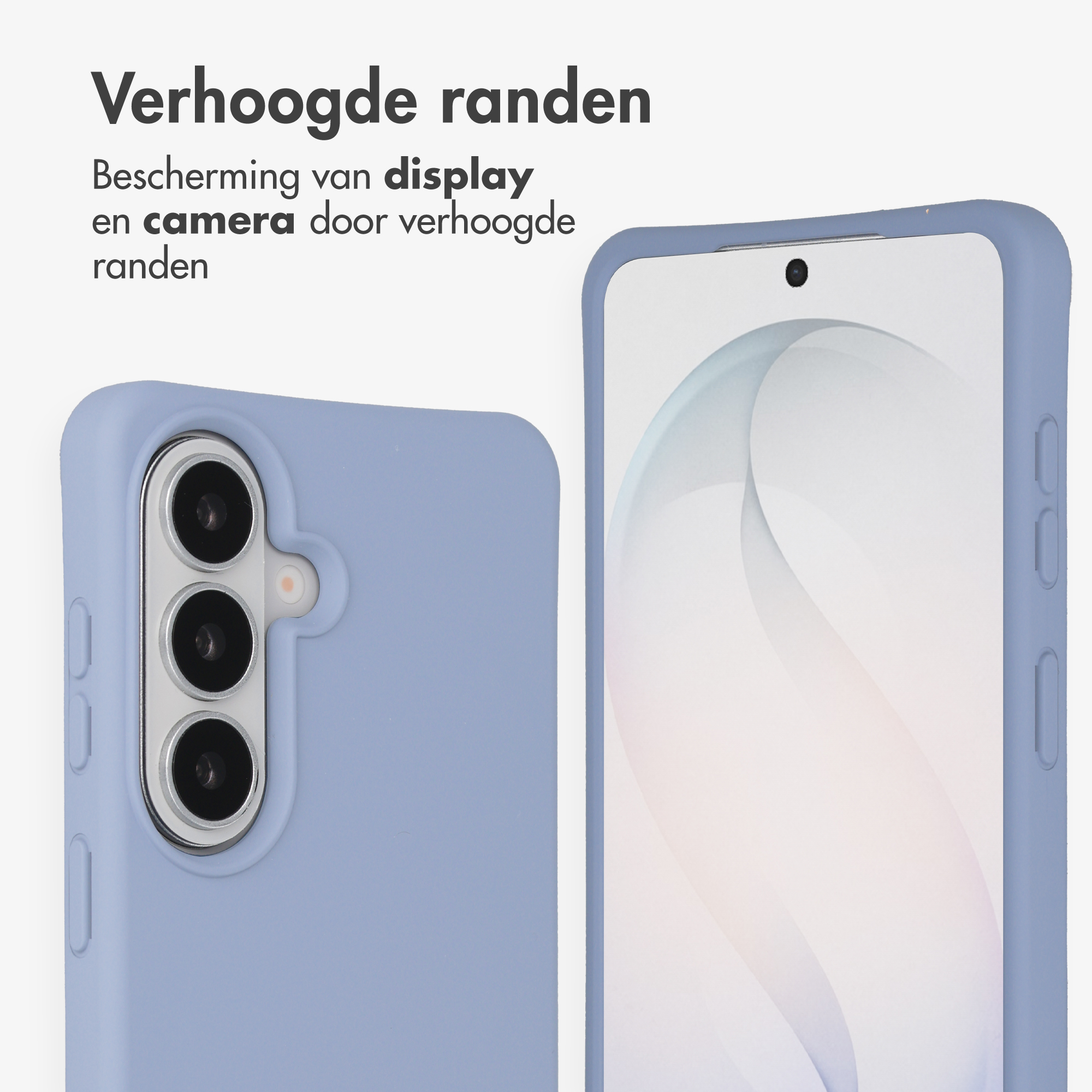 Een blauwe telefoonhoes met verhoogde camera en schermranden.