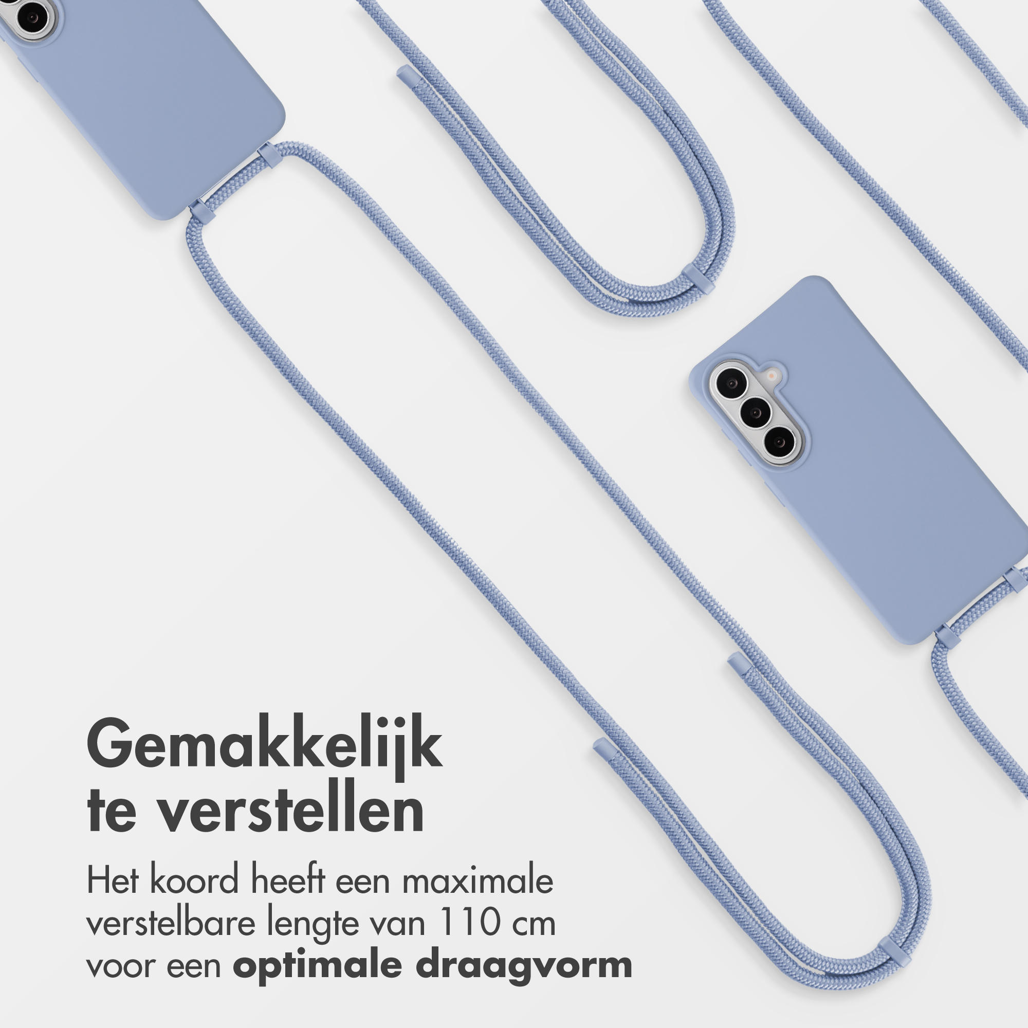 Telefoonhoesje met blauw koord, verstelbaar tot 110 cm.