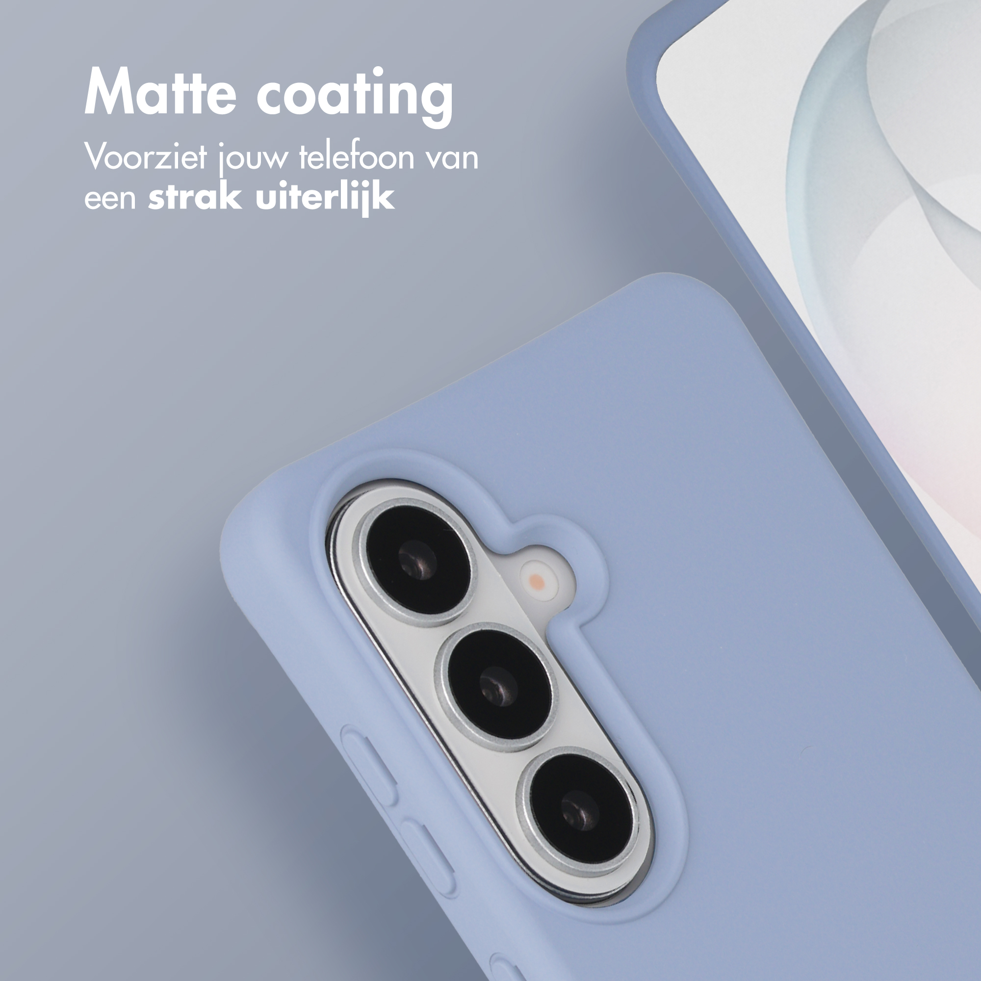 Paarse telefoonhoes met zichtbare cameralens en knoppen.