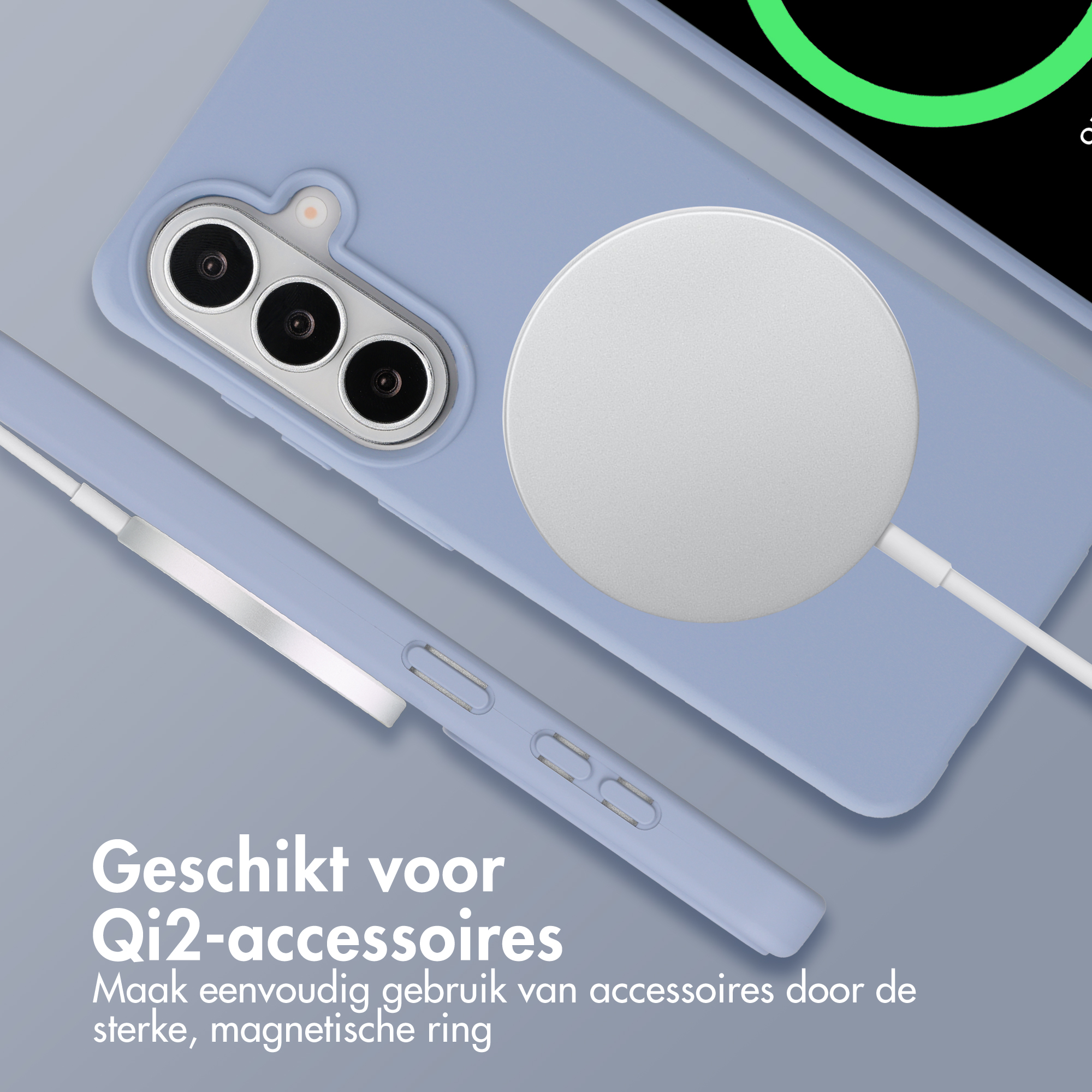Een paarse telefoon met MagSafe-oplader en drie camera's.