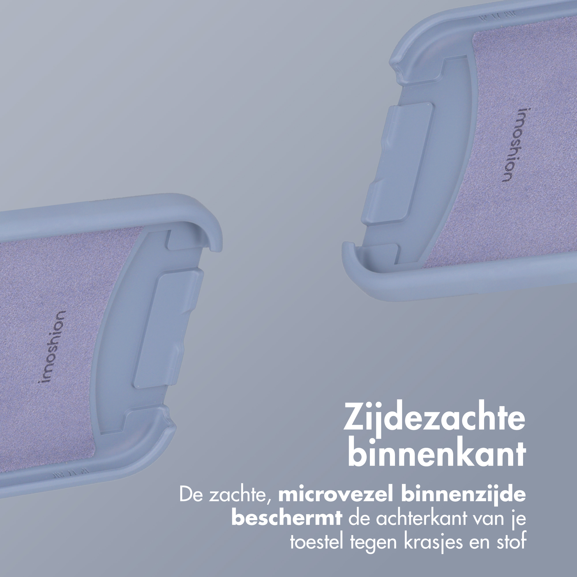 Twee lichtblauwe telefoonhoesjes met zachte paarse binnenkant. "imoshion" staat op de binnenkant.