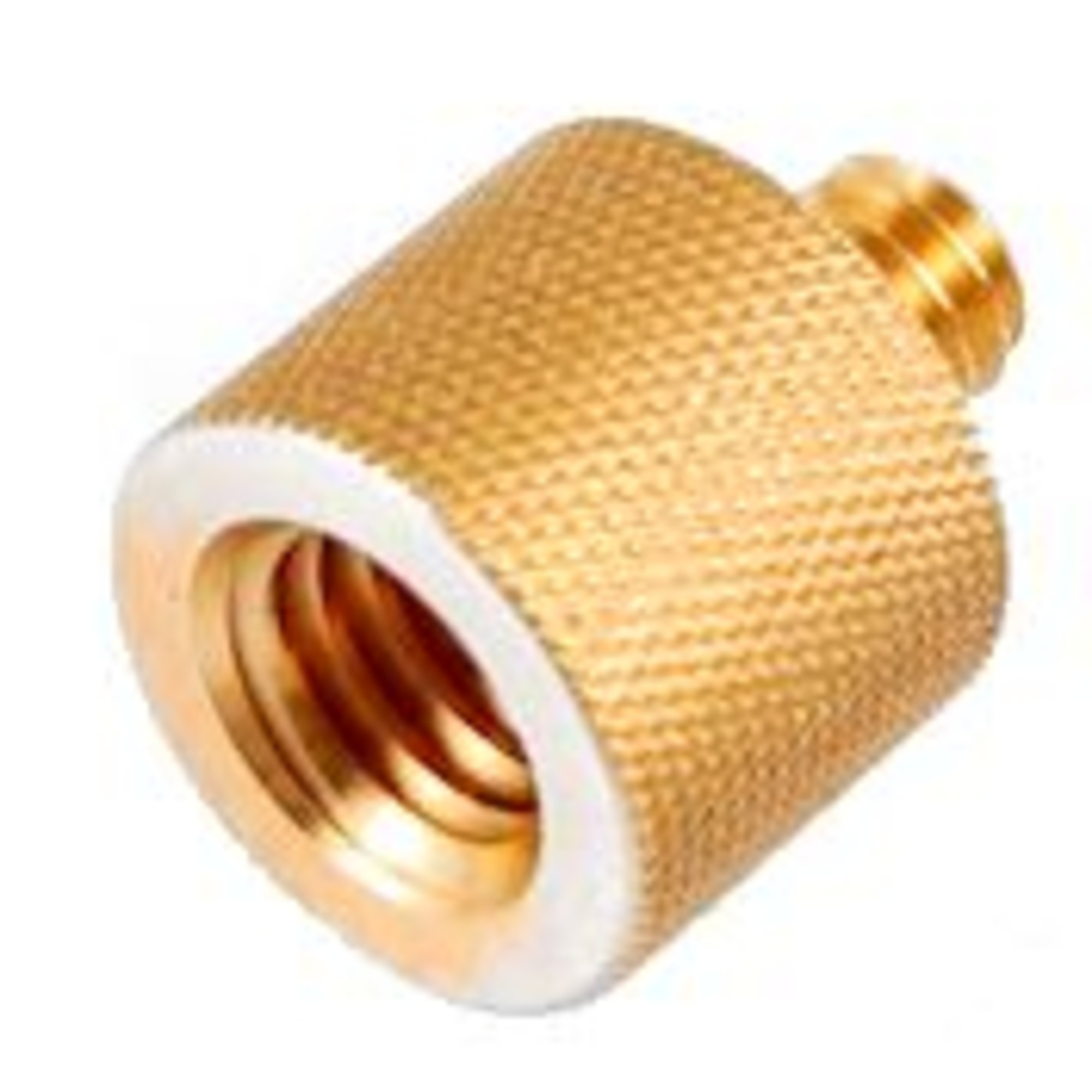 Ein goldener Adapter mit Gewinde, gerändeltem Gehäuse und Innenbohrung.