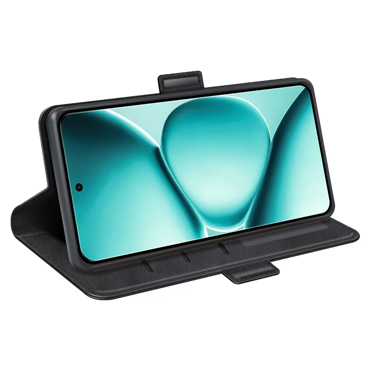 Een zwarte smartphone in een open hoes met een abstracte groenblauwe achtergrond.
