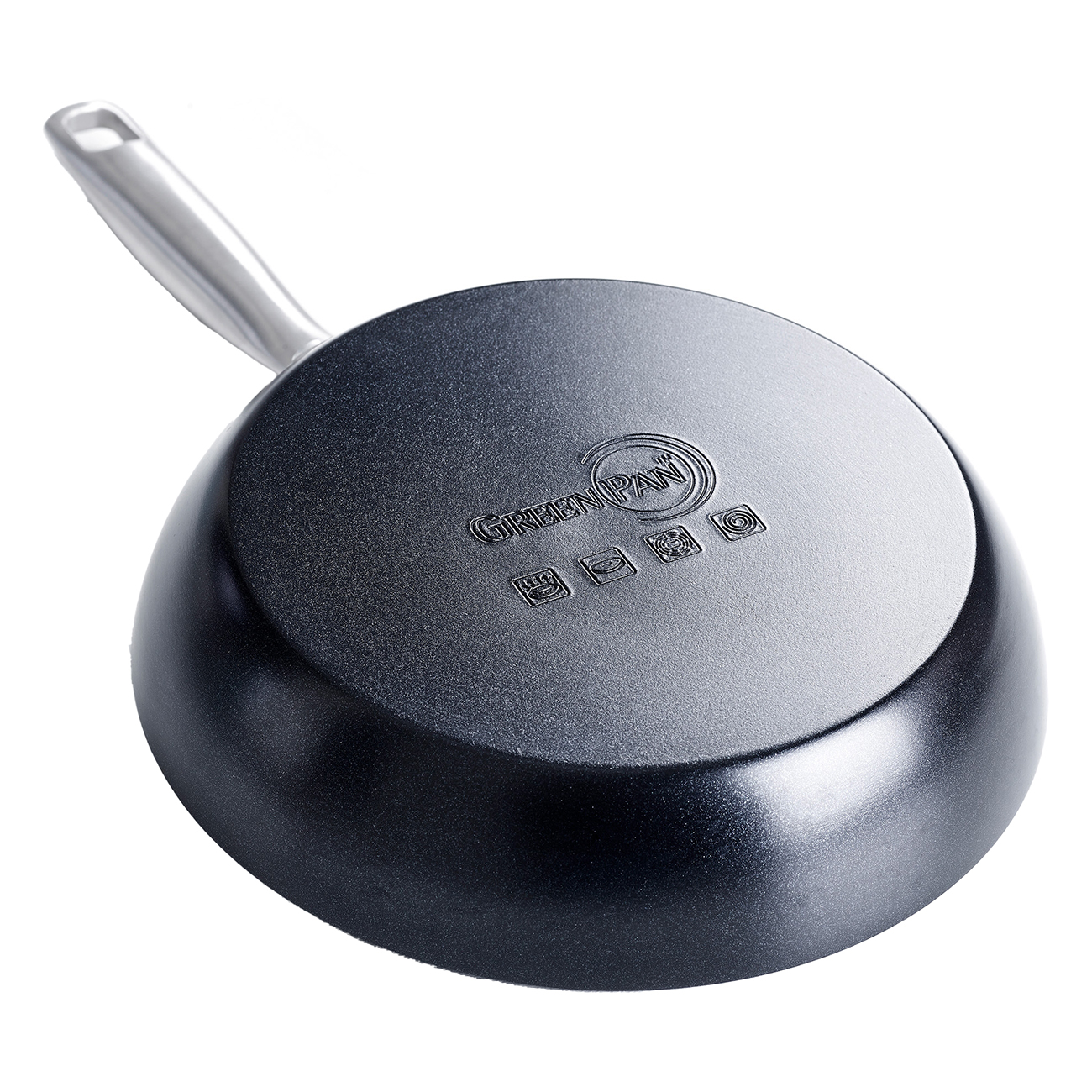 Die Unterseite eines grauen Kochtopfs mit silbernem Griff und dem Logo "Green Pan".