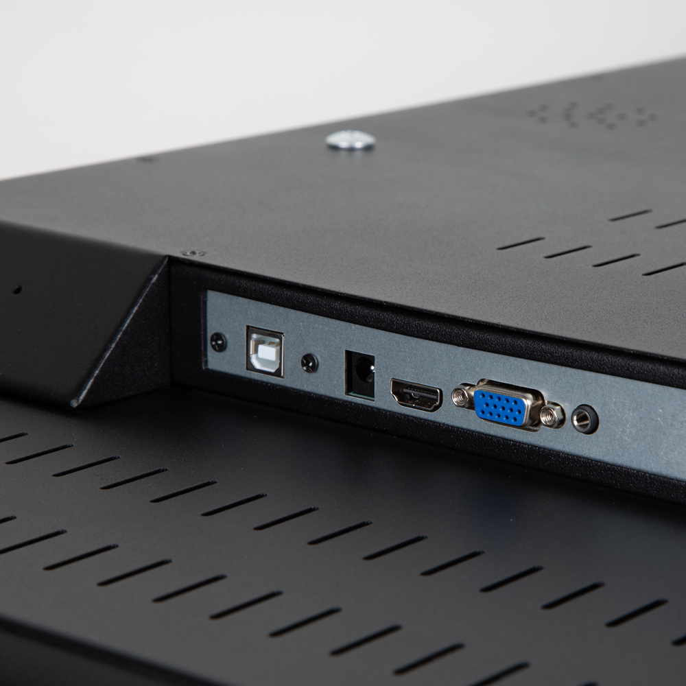 Nahaufnahme der hinteren Anschlüsse eines Monitors: USB, Gleichstrom, HDMI, VGA und Audio.