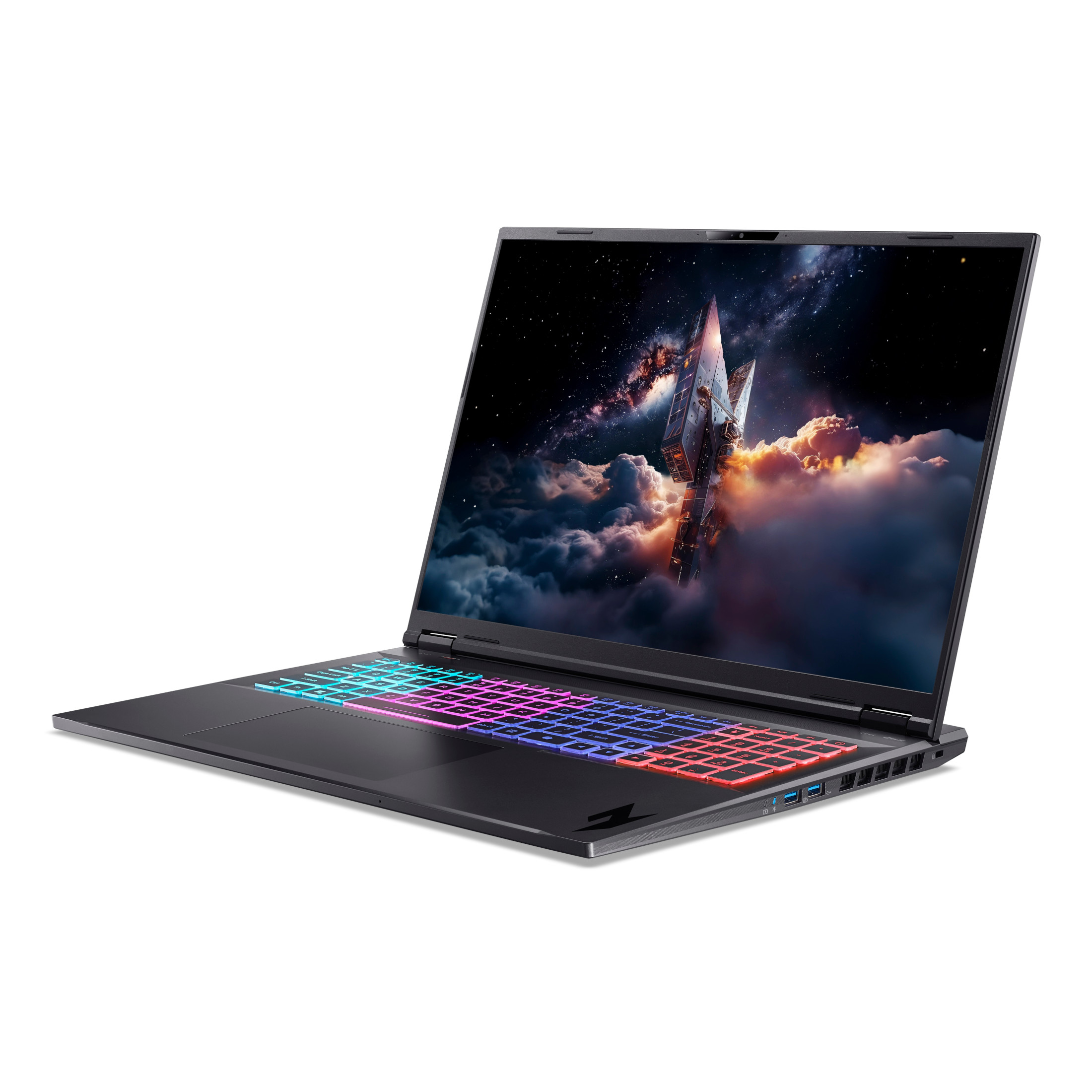 Ein aufklappbarer Laptop mit beleuchteter Tastatur und Weltraum-Hintergrund.