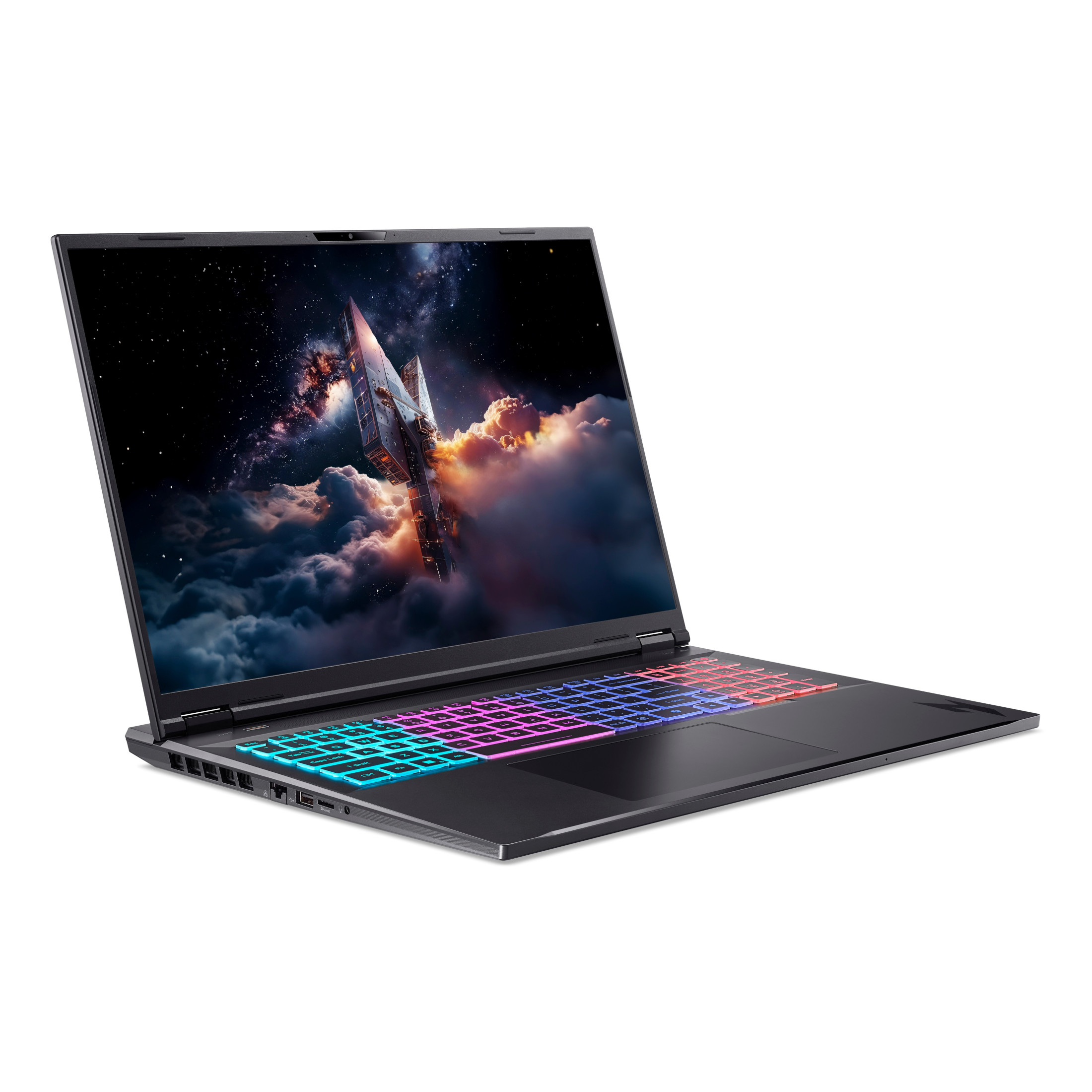 Ein geöffneter Laptop mit Weltraum-Hintergrundbild und bunter Tastaturbeleuchtung.
