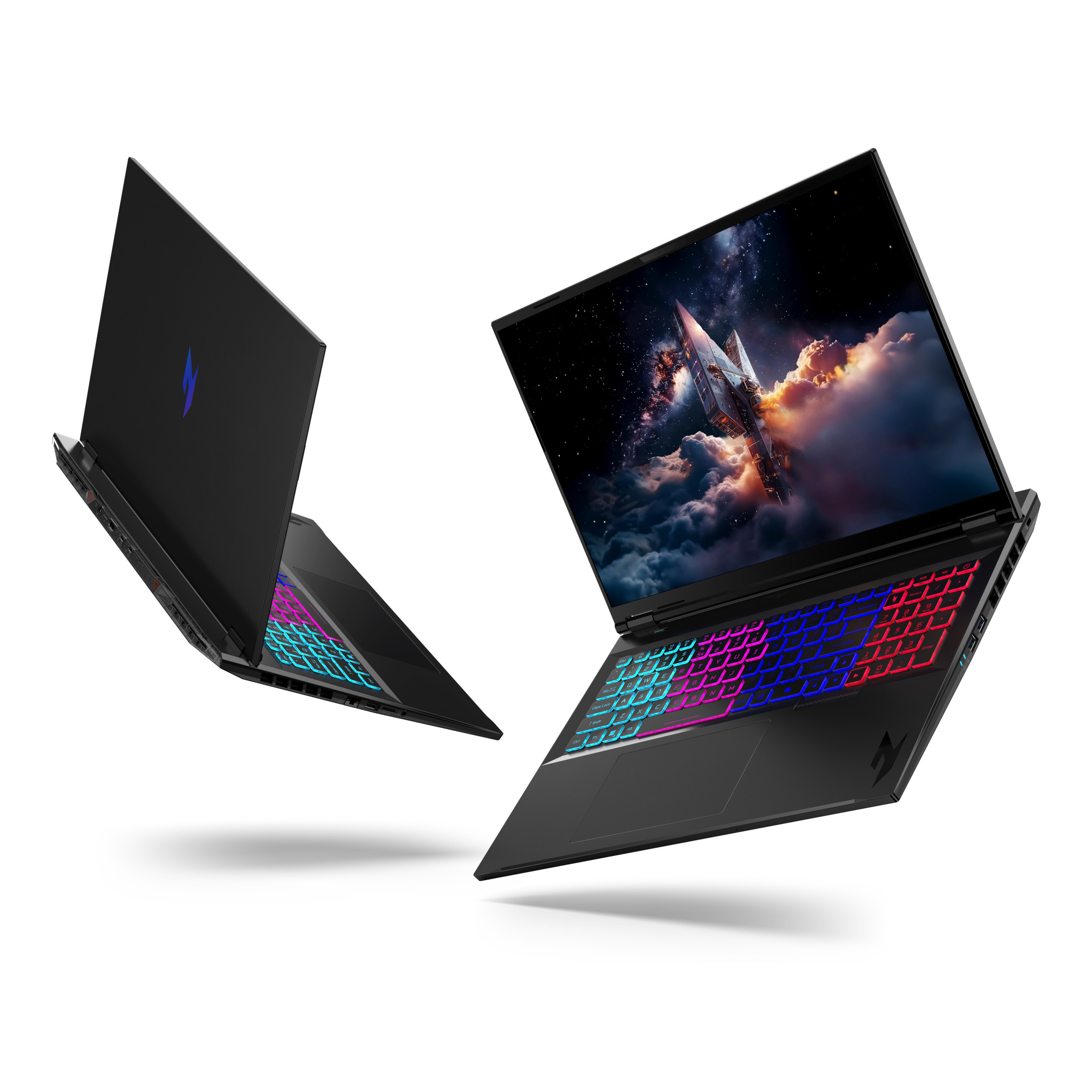 Zwei schwarze Laptops schweben, einer zeigt eine Weltraumszene, beide haben bunte RGB-Tastaturen.