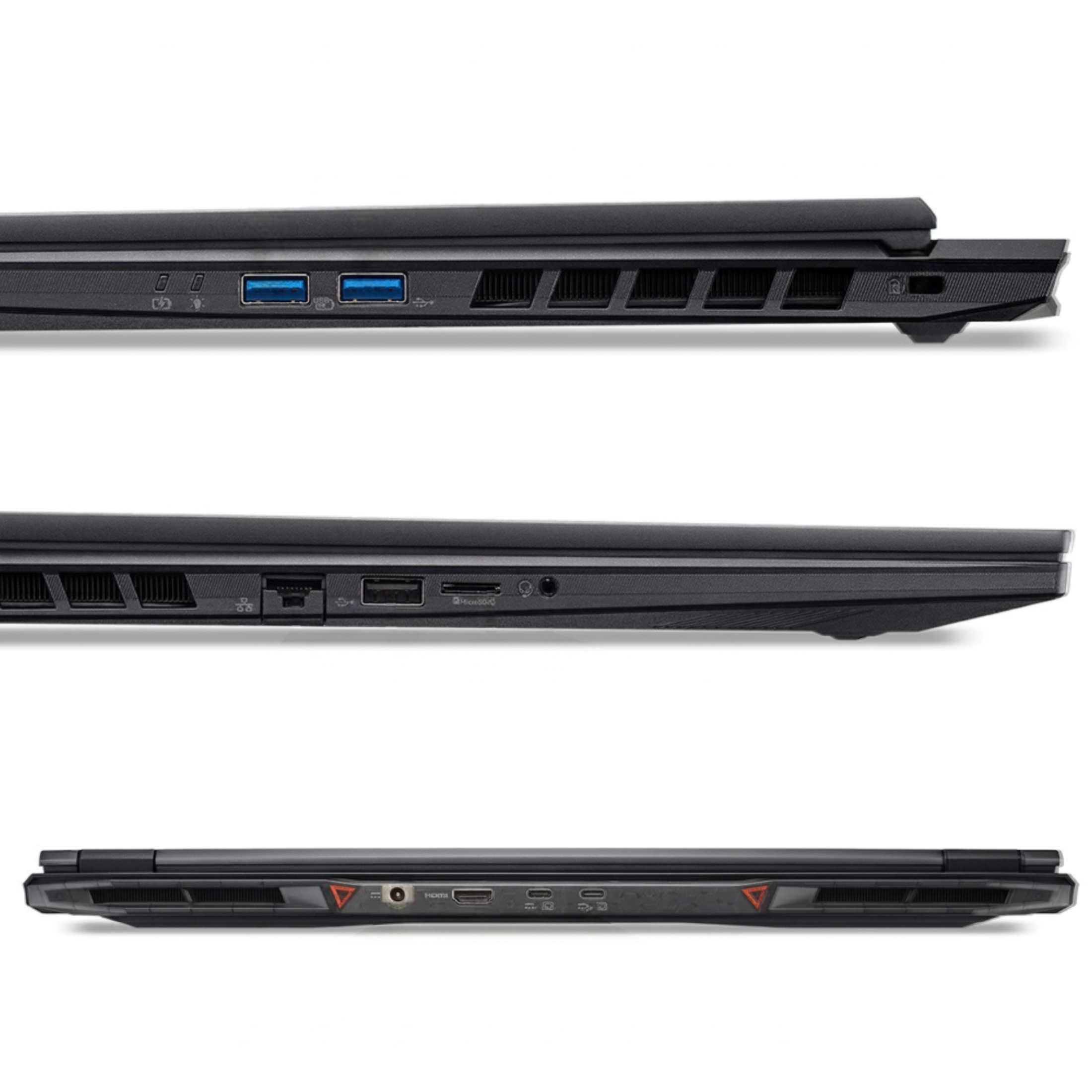 Seitenansicht eines schwarzen Laptops mit Anschlüssen und Lüftungsschlitzen.