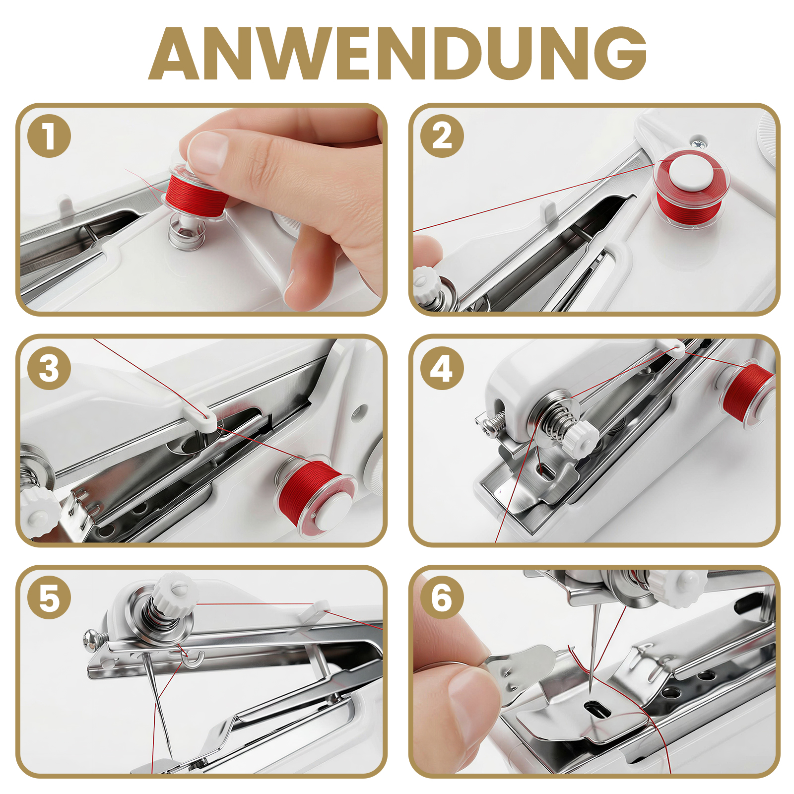 Schritt-für-Schritt-Anleitung zum Einfädeln einer Nähmaschine mit rotem Faden.