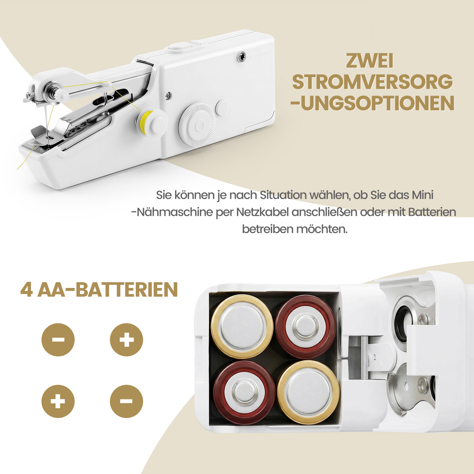 Weiße Nähmaschine mit Netz- und Batteriebetrieb, zeigt vier AA-Batterien.