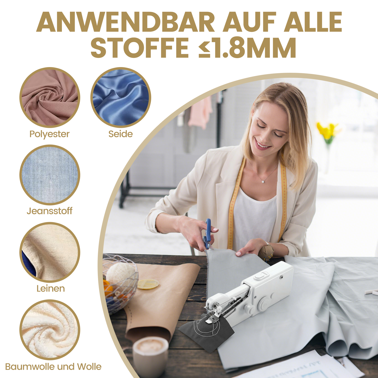 Eine Frau schneidet Stoff mit einer Schere, neben einer Nähmaschine.