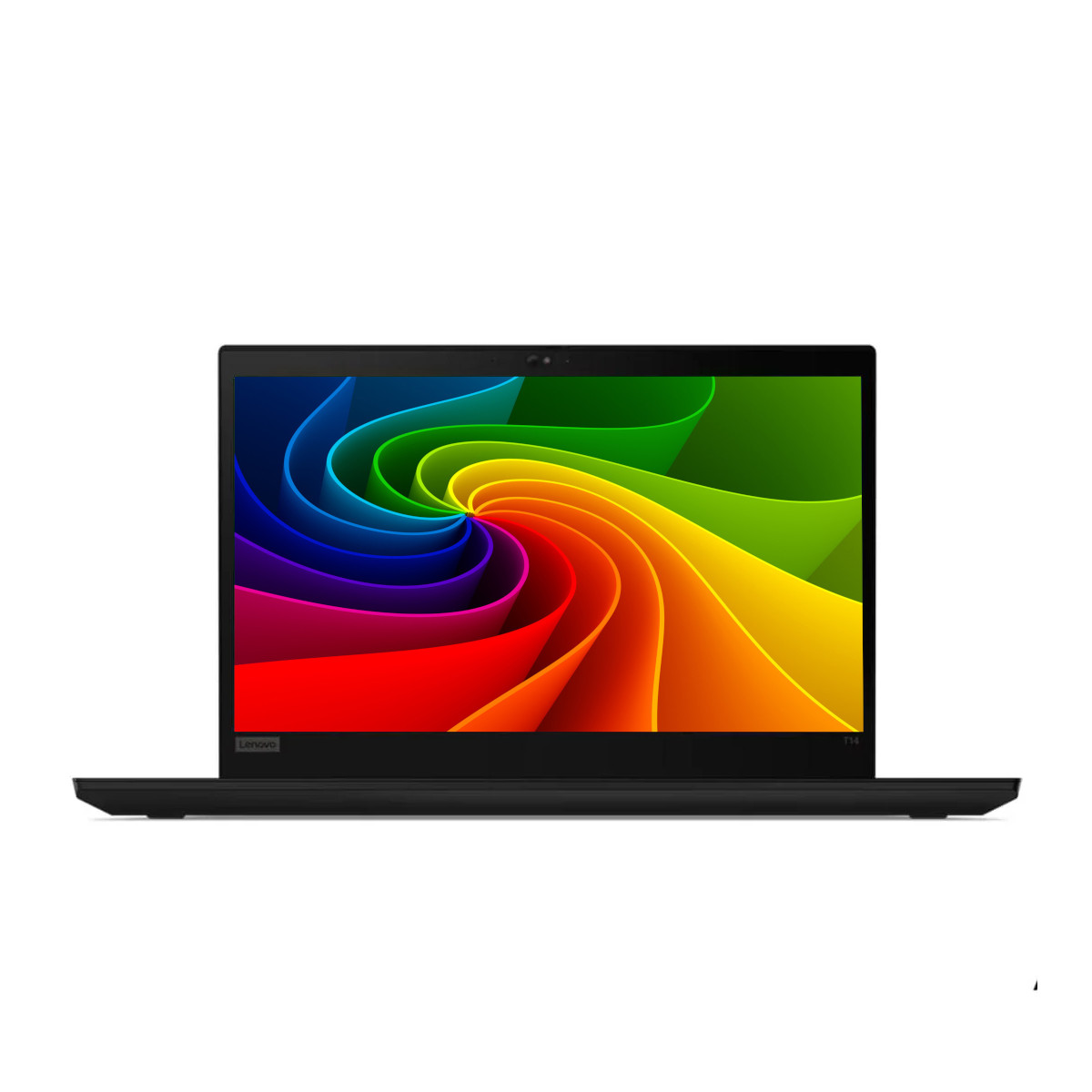 Ein schwarzer Laptop zeigt ein buntes, wirbelndes abstraktes Hintergrundbild.