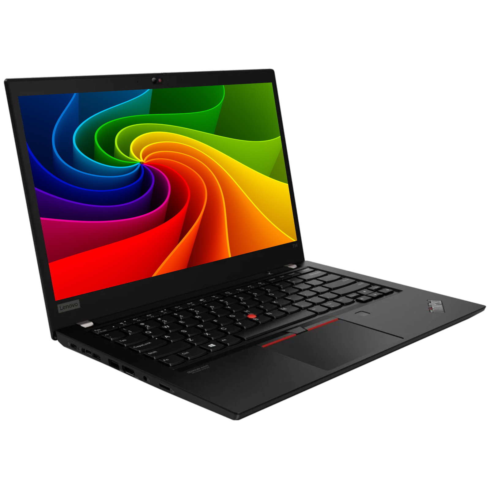 Schwarzer Laptop mit buntem Wirbel-Hintergrundbild auf dem Bildschirm.