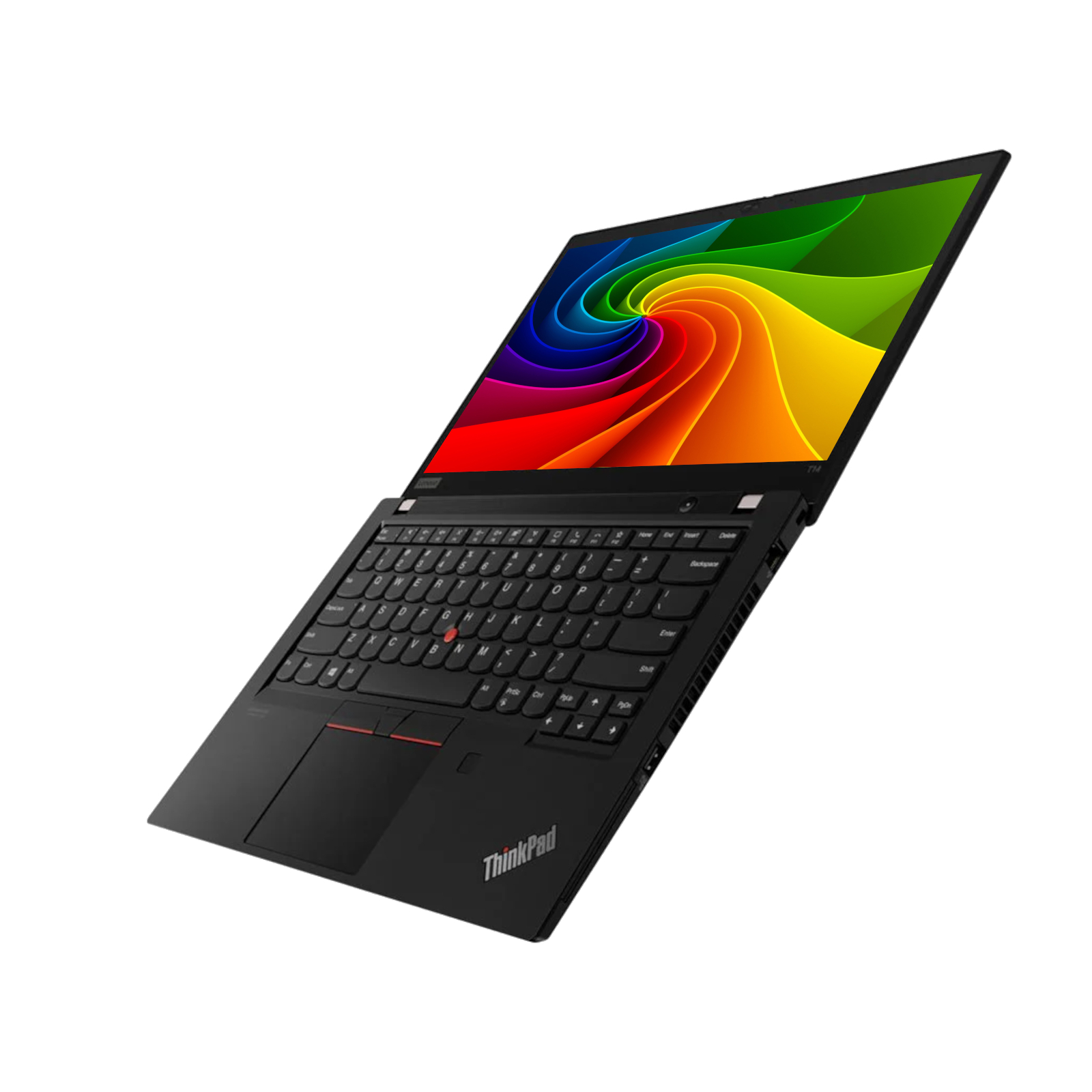 Ein geöffneter schwarzer Laptop mit einem bunten Wirbelmuster auf dem Bildschirm.