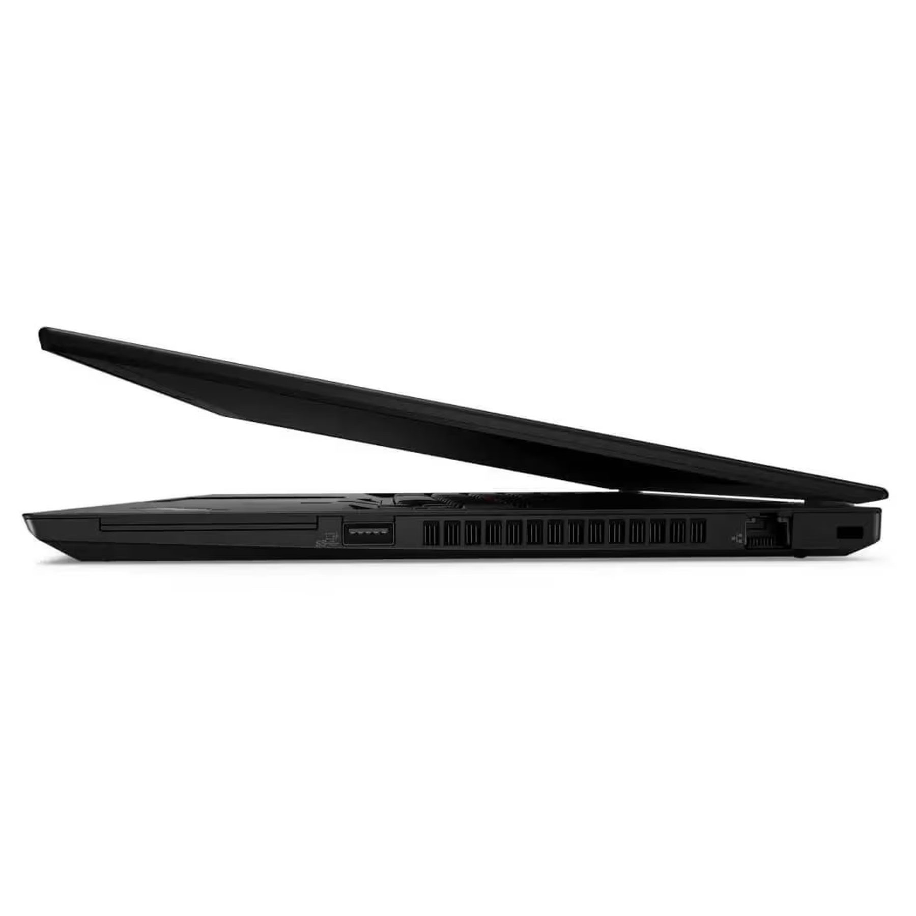 Schwarzer Laptop von der Seite, Bildschirm leicht geöffnet, Anschlüsse sichtbar.