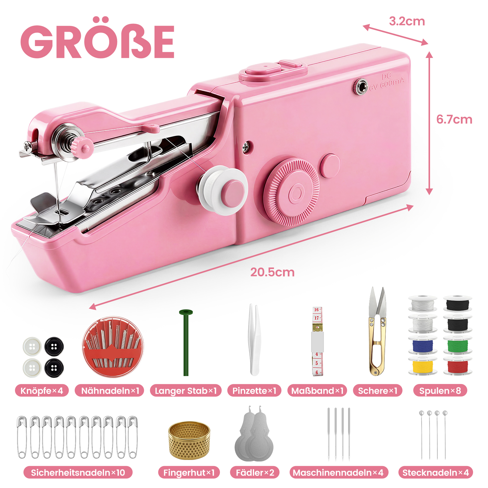 Eine pinke Handnähmaschine mit Zubehör wie Knöpfen, Nadeln, Garnrollen.