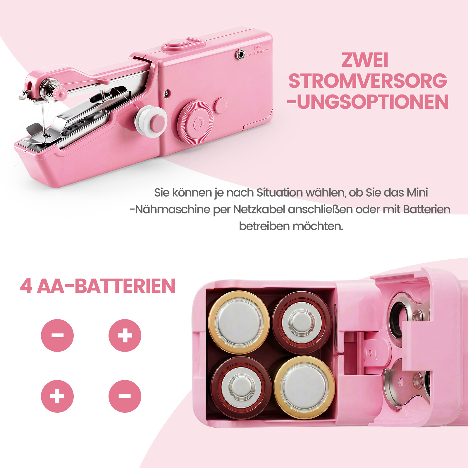 Eine pinke Nähmaschine mit zwei Stromversorgungsoptionen: Kabel oder Batterien.