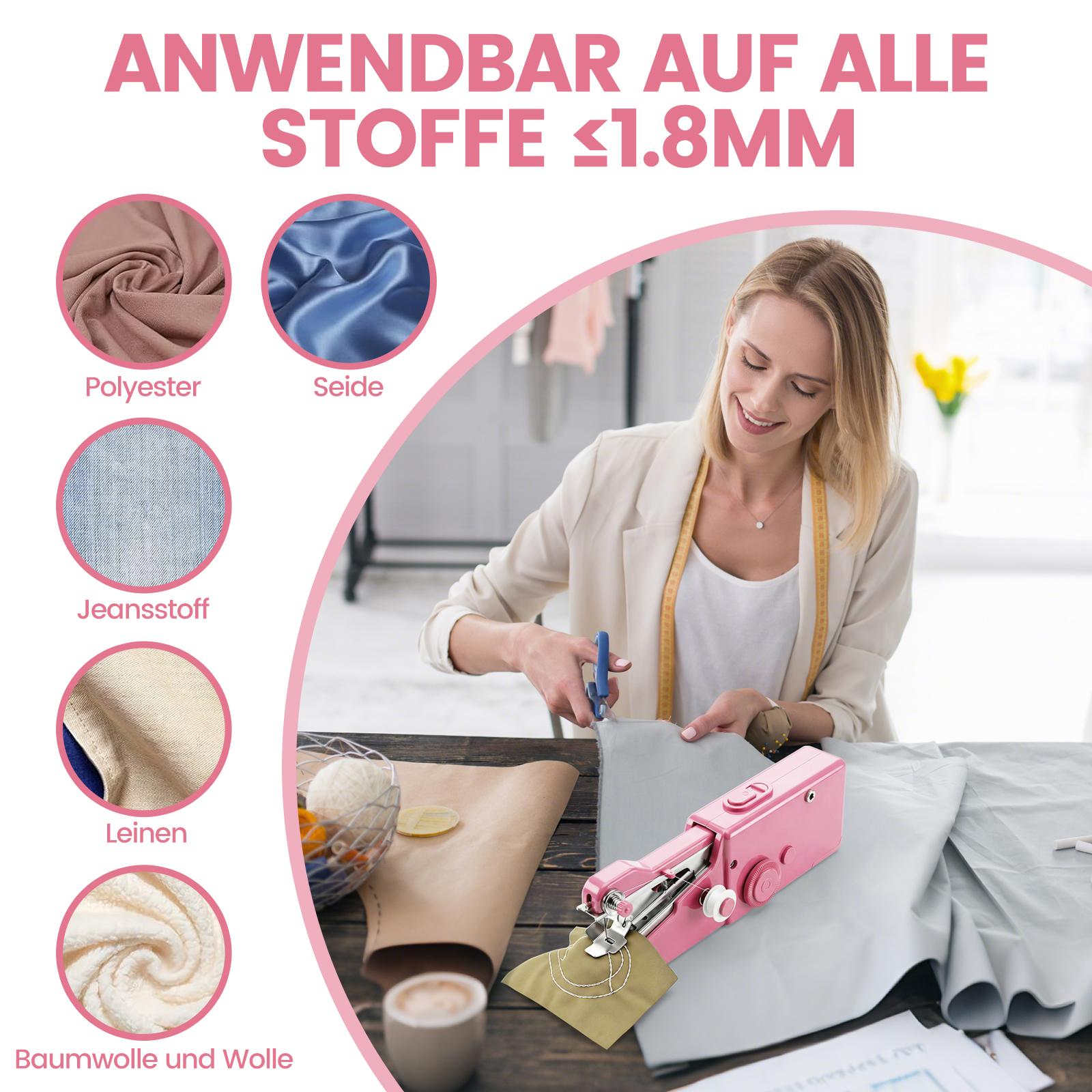 Frau schneidet Stoff mit einer Schere, neben einer Nähmaschine.