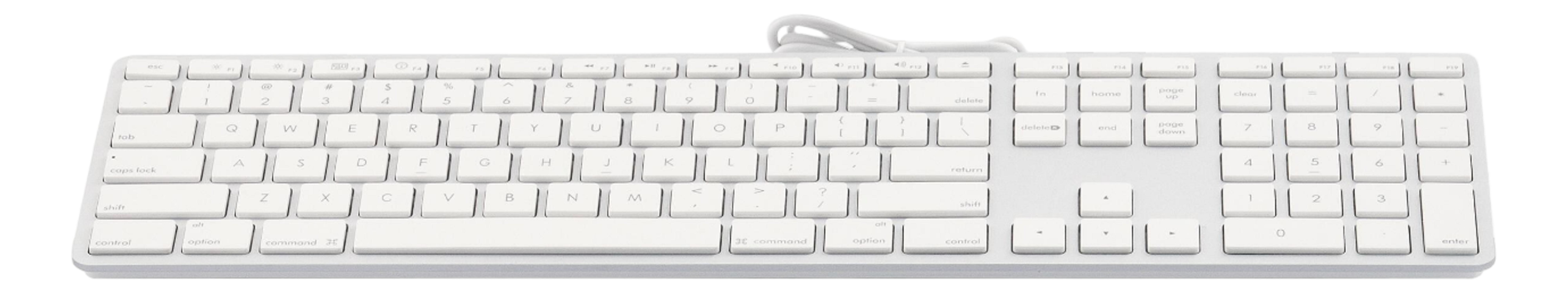 Un layout di tastiera bianco con cavo bianco.