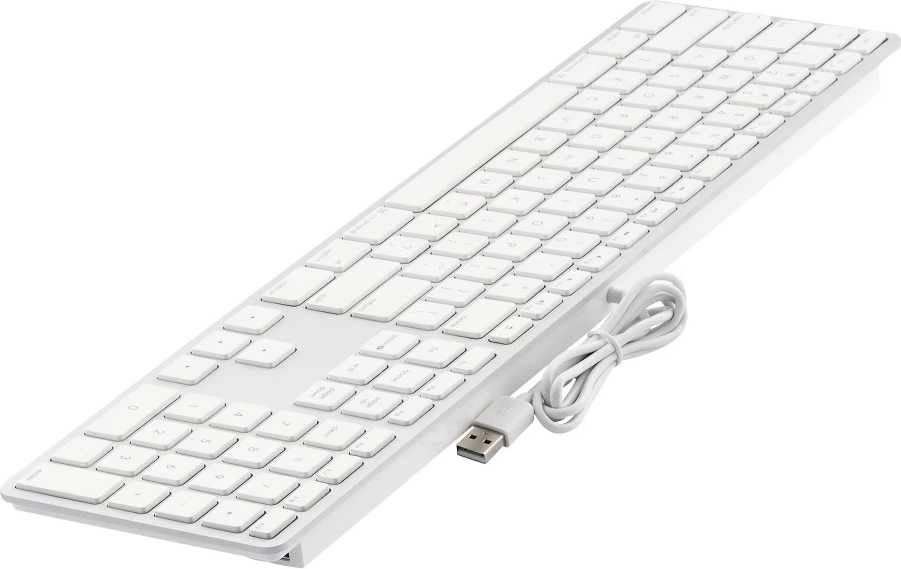 Tastiera USB bianca con tastierino numerico e cavo bianco, su sfondo bianco.