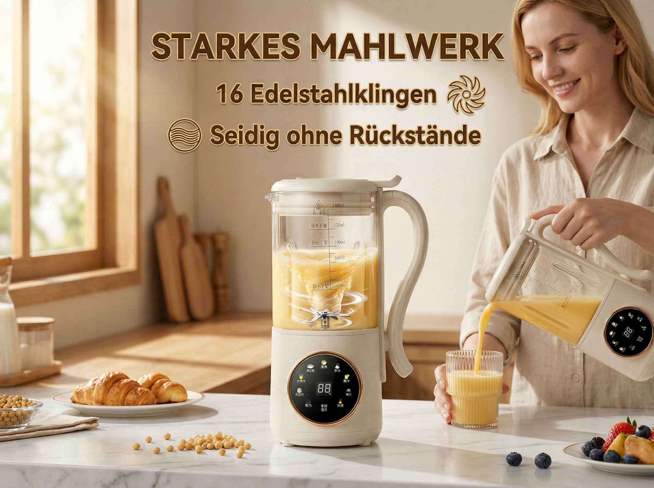 Eine Frau gießt gelbes Getränk aus einem Mixer in ein Glas. Auf dem Tisch liegen Croissants und Beeren.
