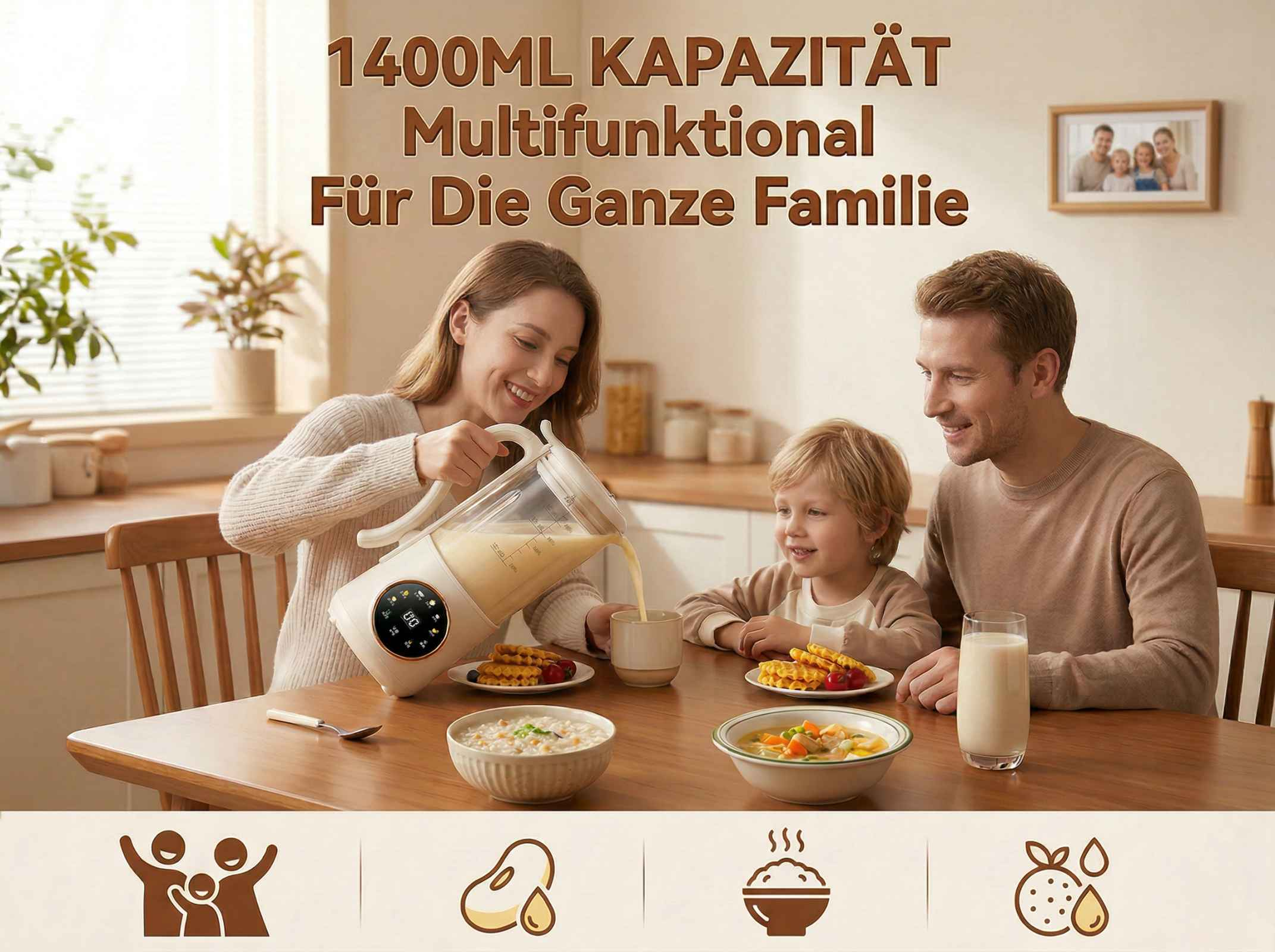 Familie genießt Frühstück mit einem Mixer, der Saft ausgießt.
