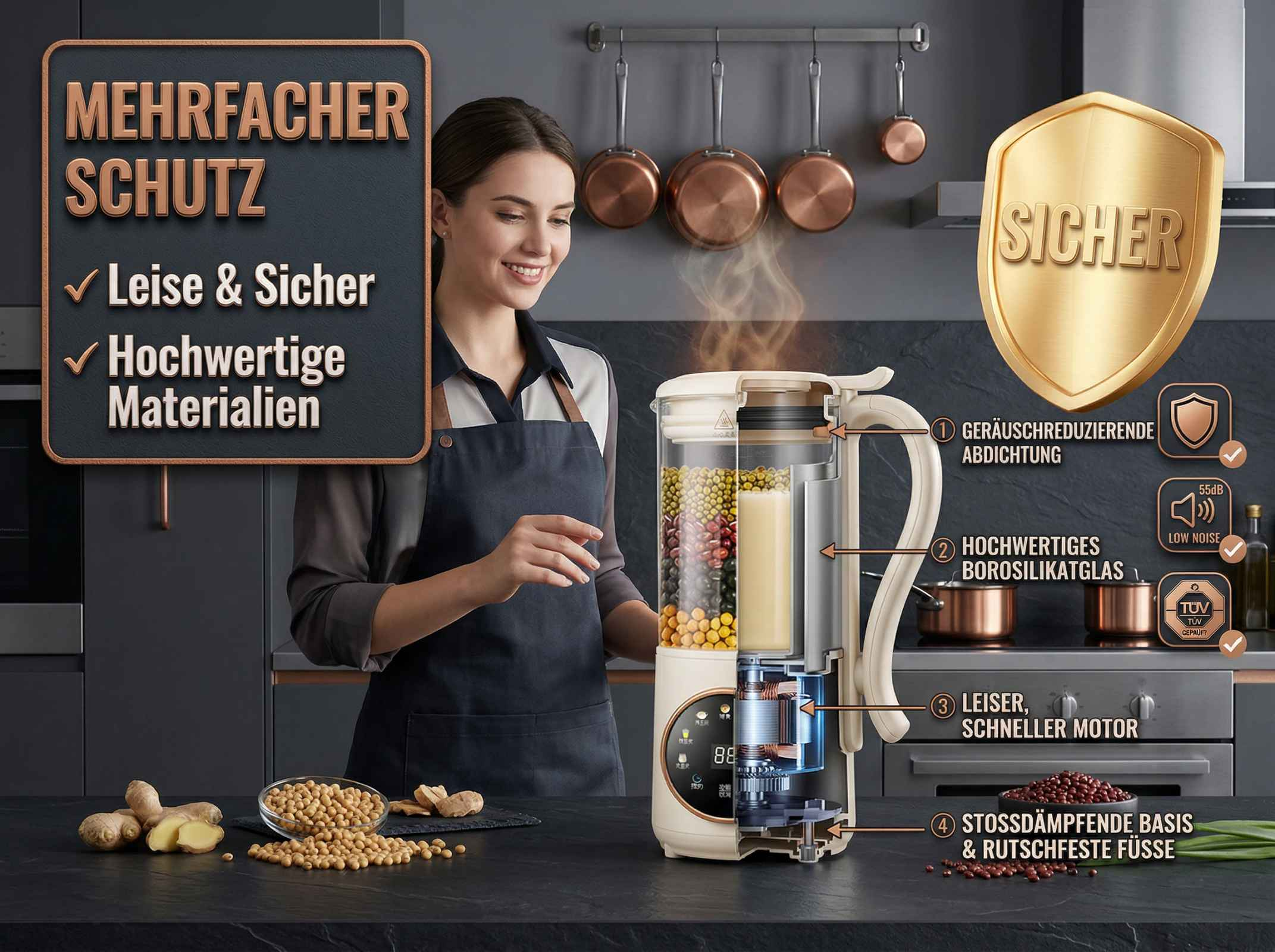 Ein Küchengerät mit verschiedenen Zutaten und einer Frau, die lächelt.