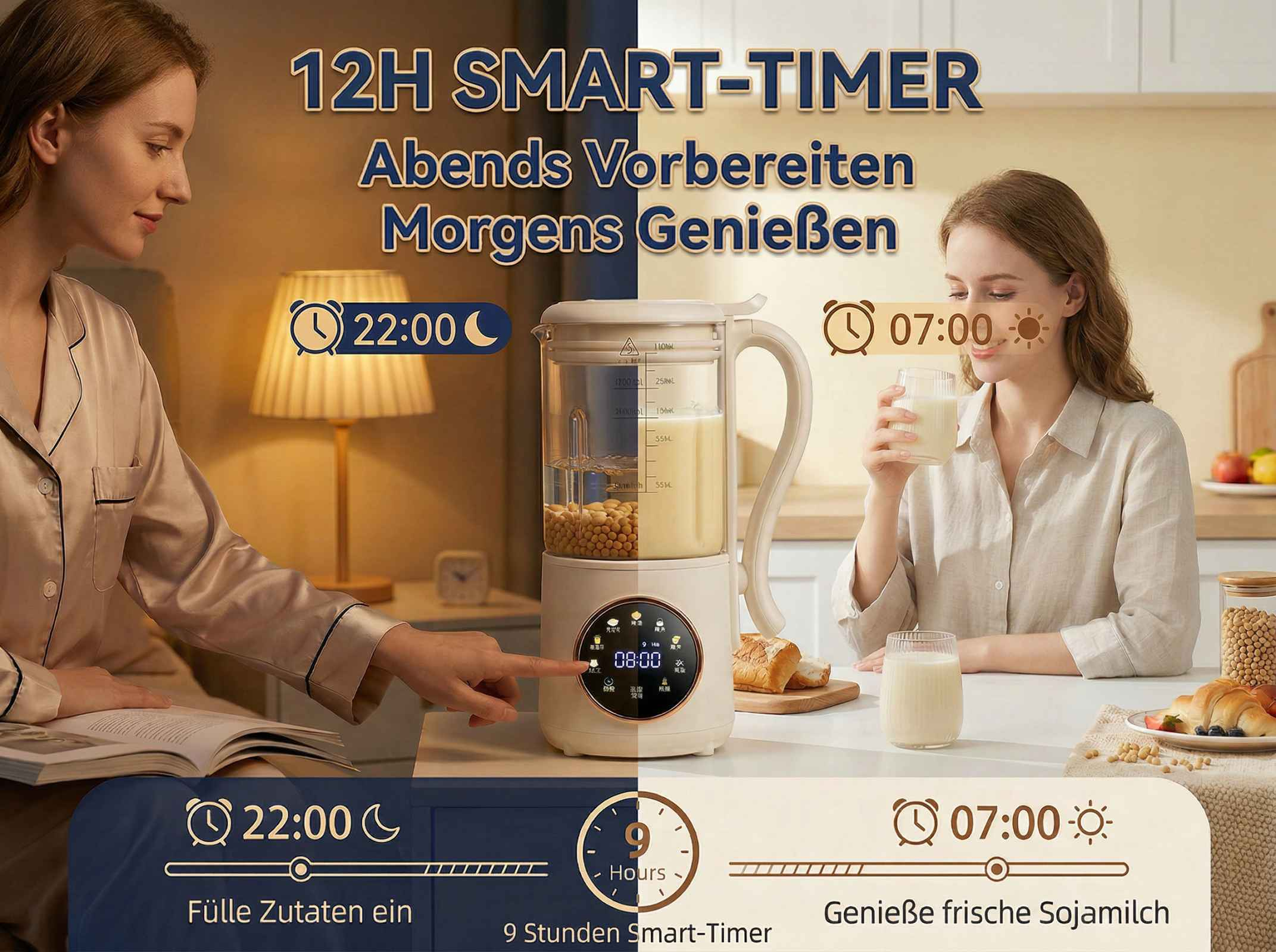 Frau bereitet am Abend Sojamilch zu und trinkt sie am Morgen.
