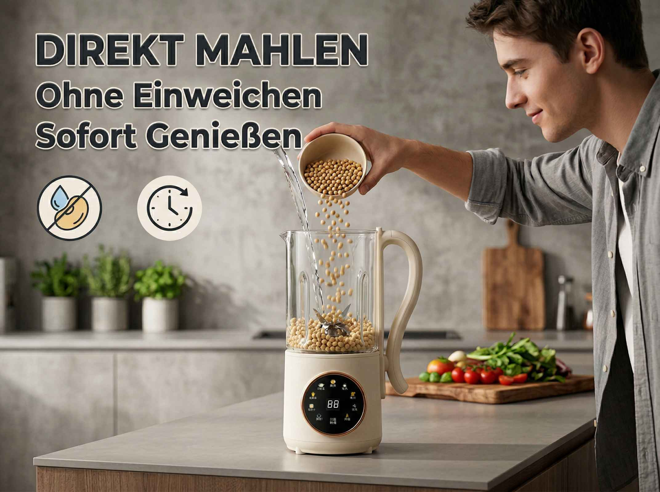 Mann gießt Sojabohnen und Wasser in einen Mixer. "DIREKT MAHLEN" steht darüber.