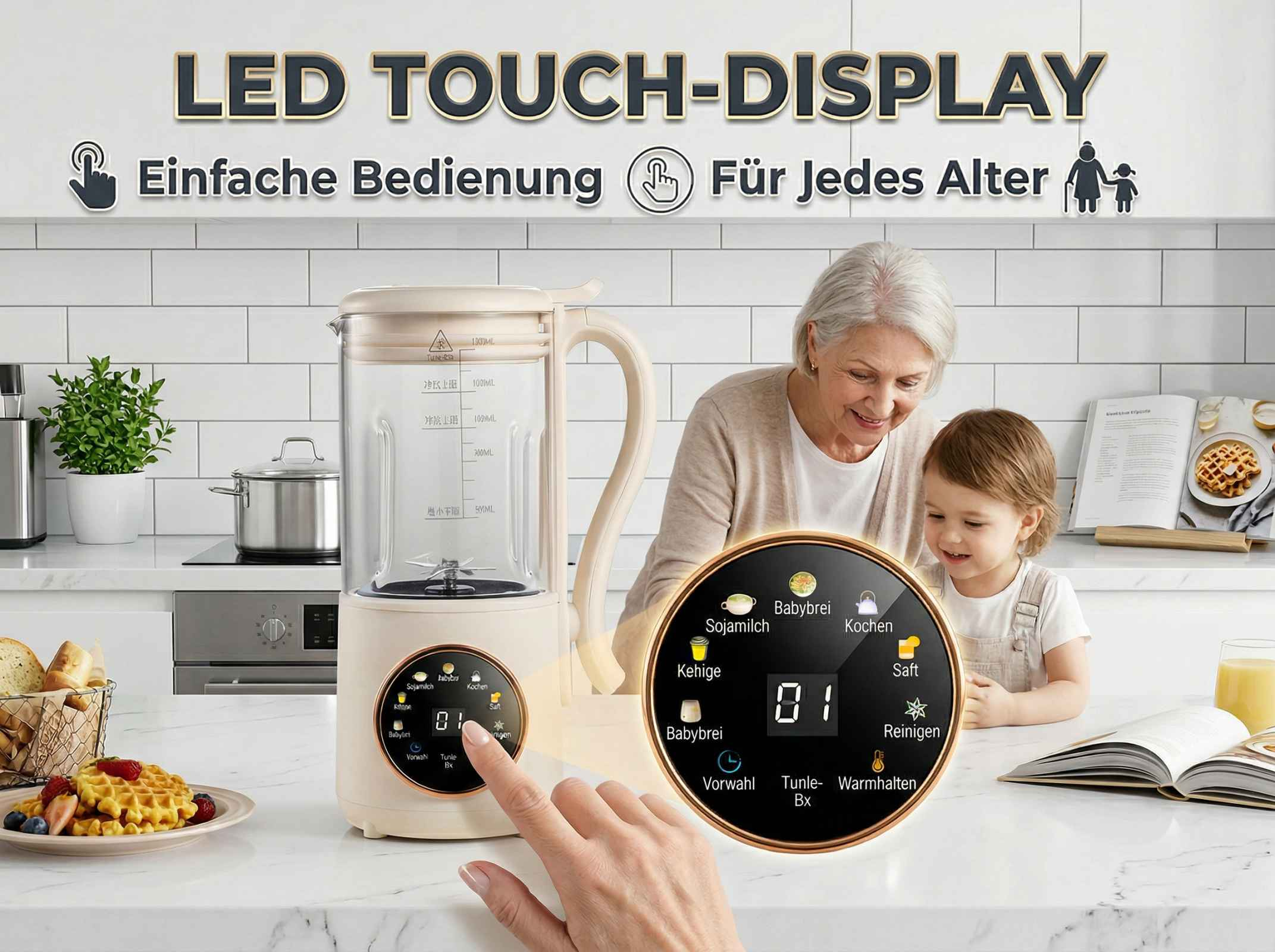Ein Mixer mit Touch-Display, bedient von einer Großmutter und einem Kind.