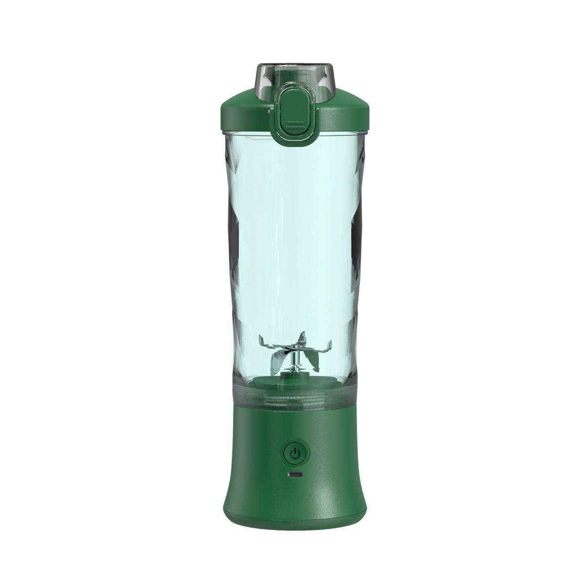 Ein grüner tragbarer Mixer mit transparenter Flasche und silbernen Klingen.