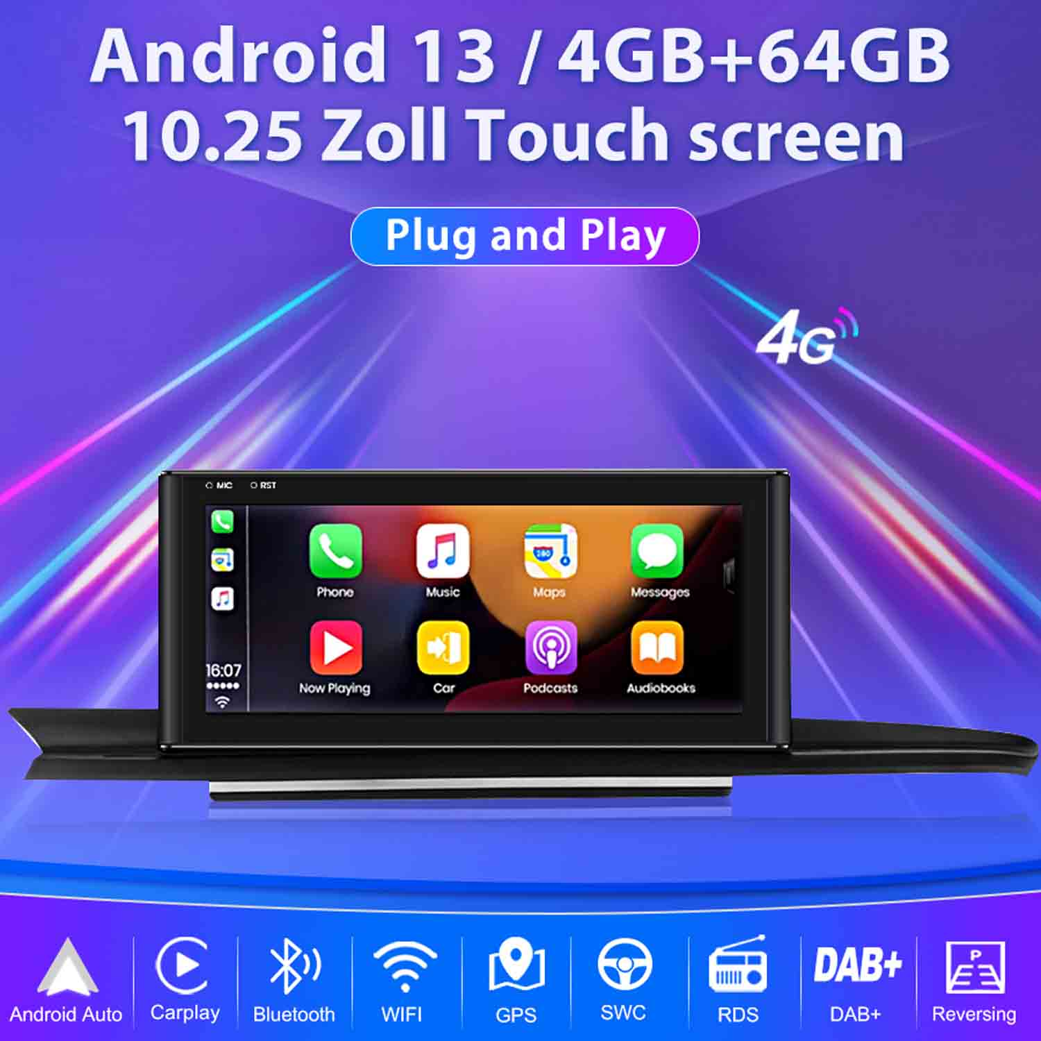 System infotainment Android 13 z ekranem dotykowym 10,25 cala, 4G i Plug & Play.