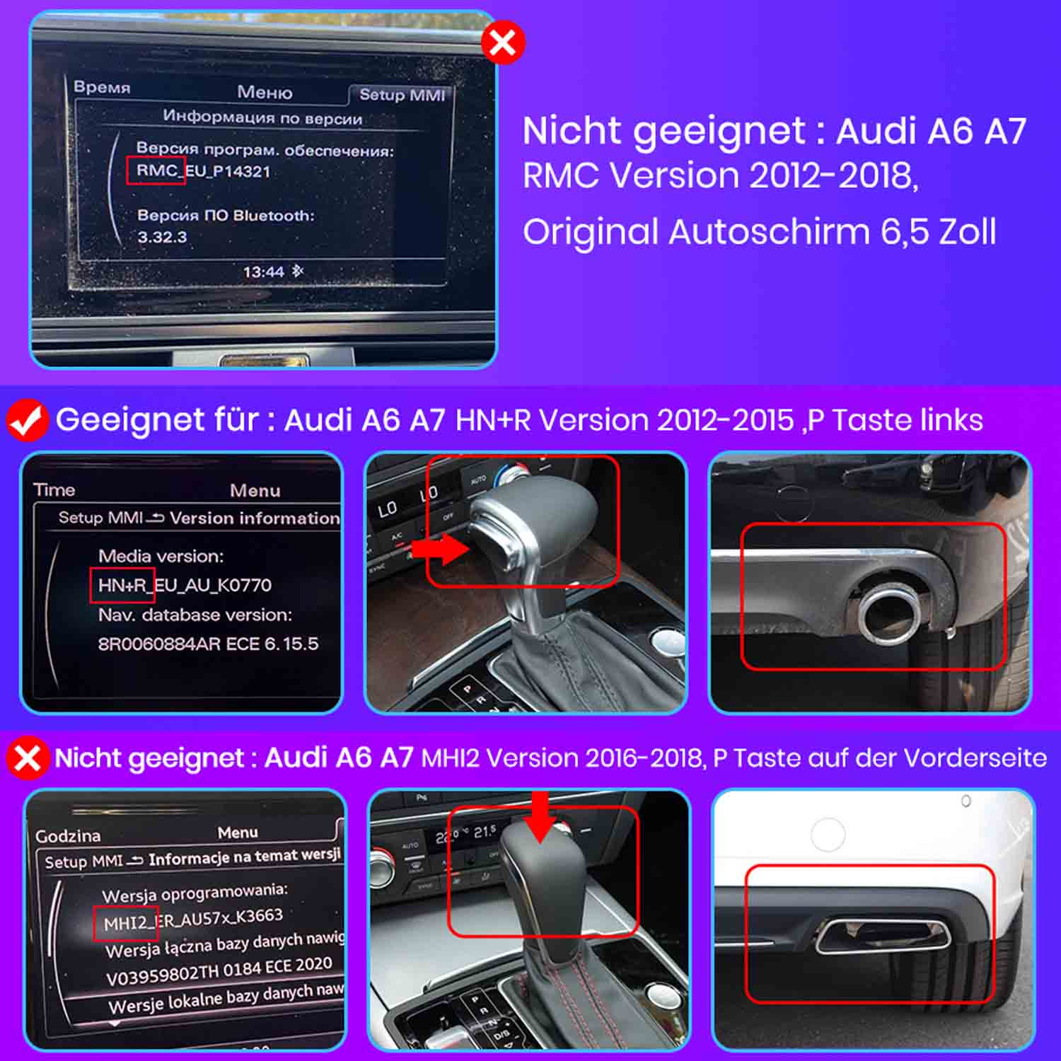 Audi A6 A7 RMC 2012-18 nieodpowiednie. Zdjęcie pokazuje wersję MMI i wydech.