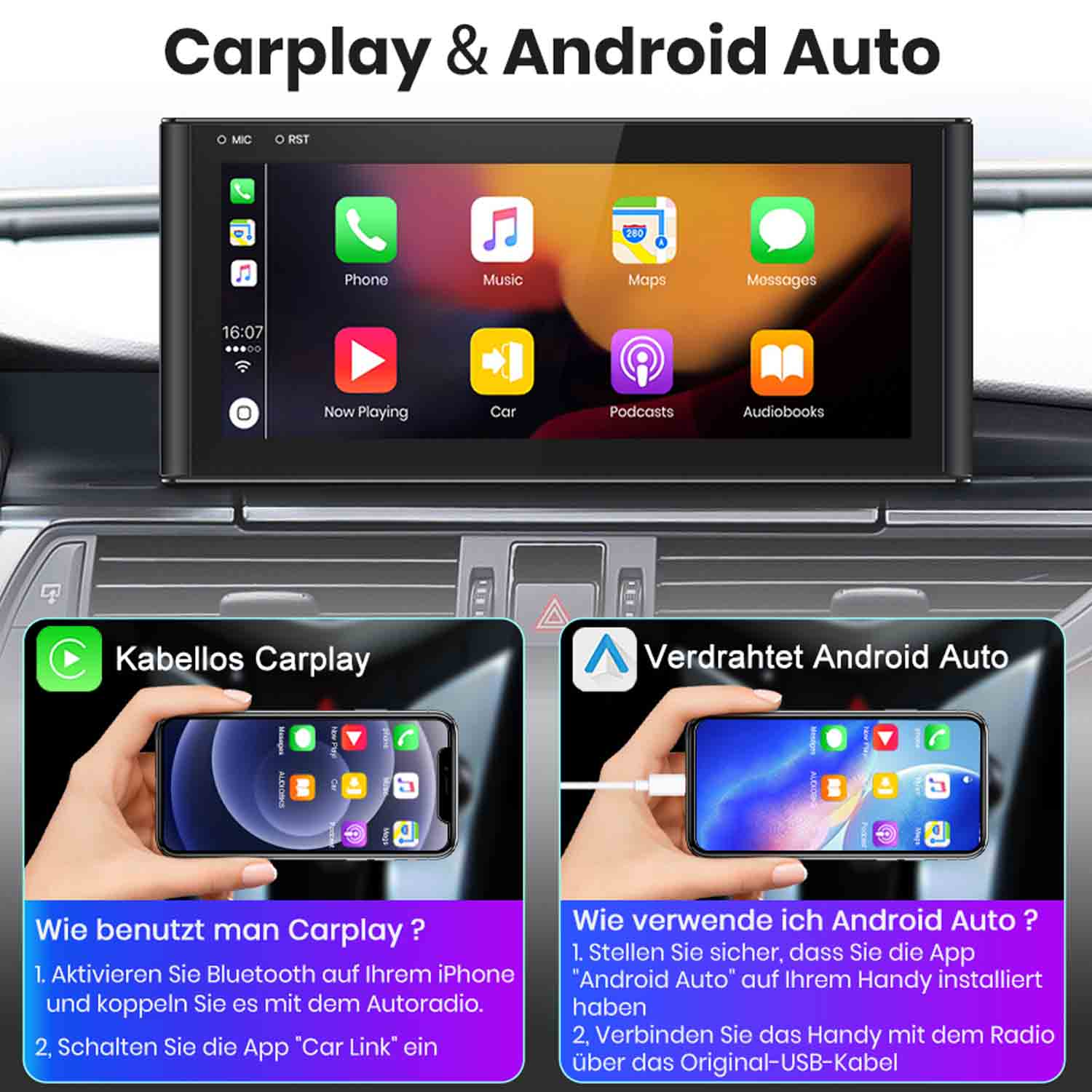 Ekran radia samochodowego pokazuje aplikacje Carplay i Android Auto. Poniżej: Carplay bezprzewodowy i Android Auto przewodowy.