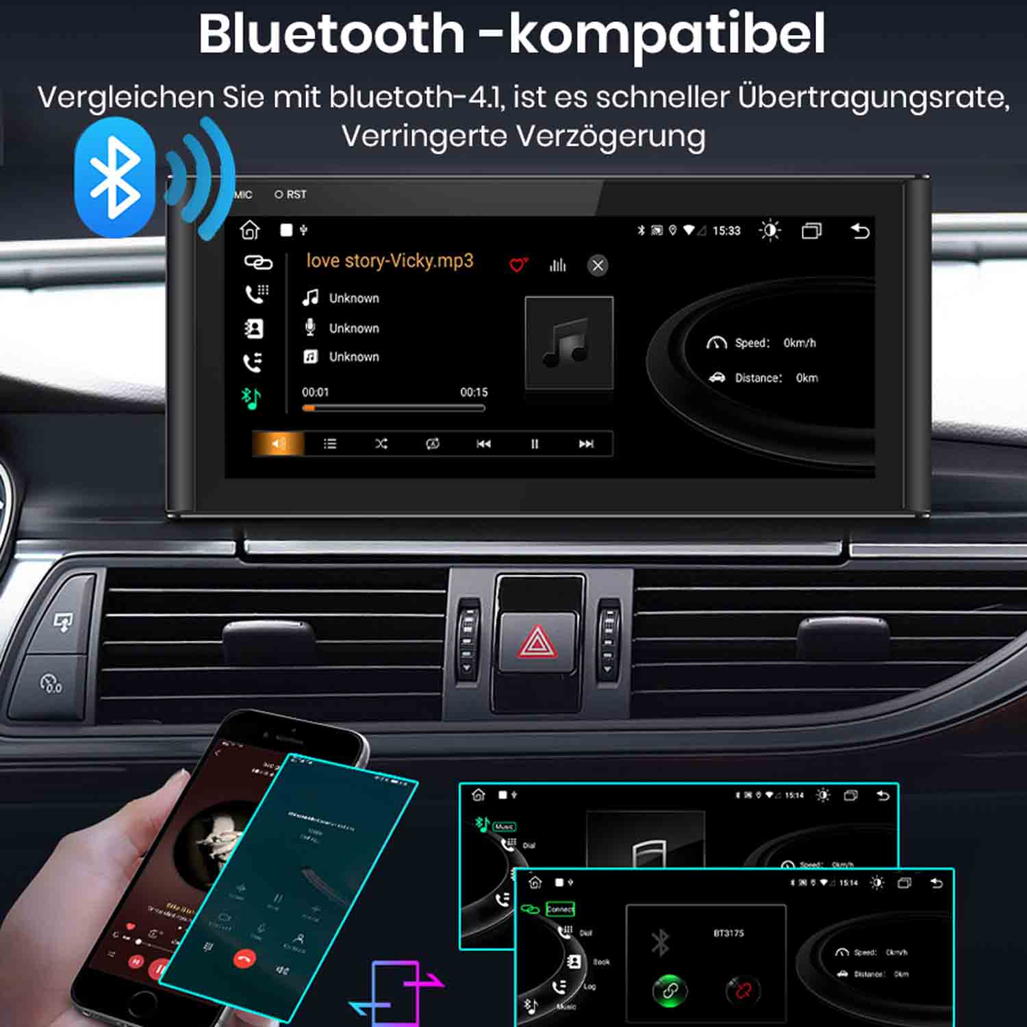 System infotainment samochodu wyświetla muzykę i połączenia, połączony ze smartfonem.