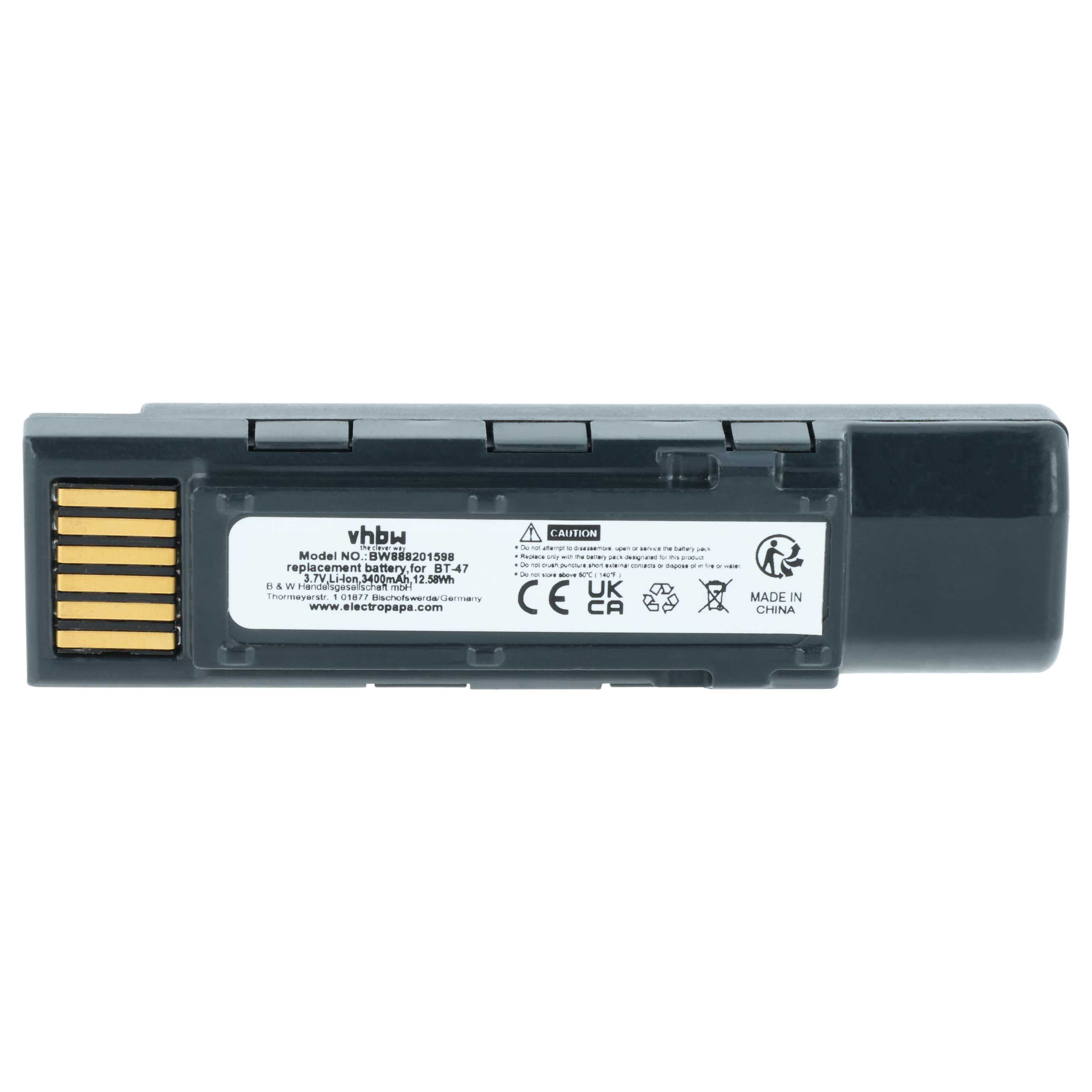 Grauer Akku mit goldenen Kontakten und Warnhinweisen, Modell BW888201598.