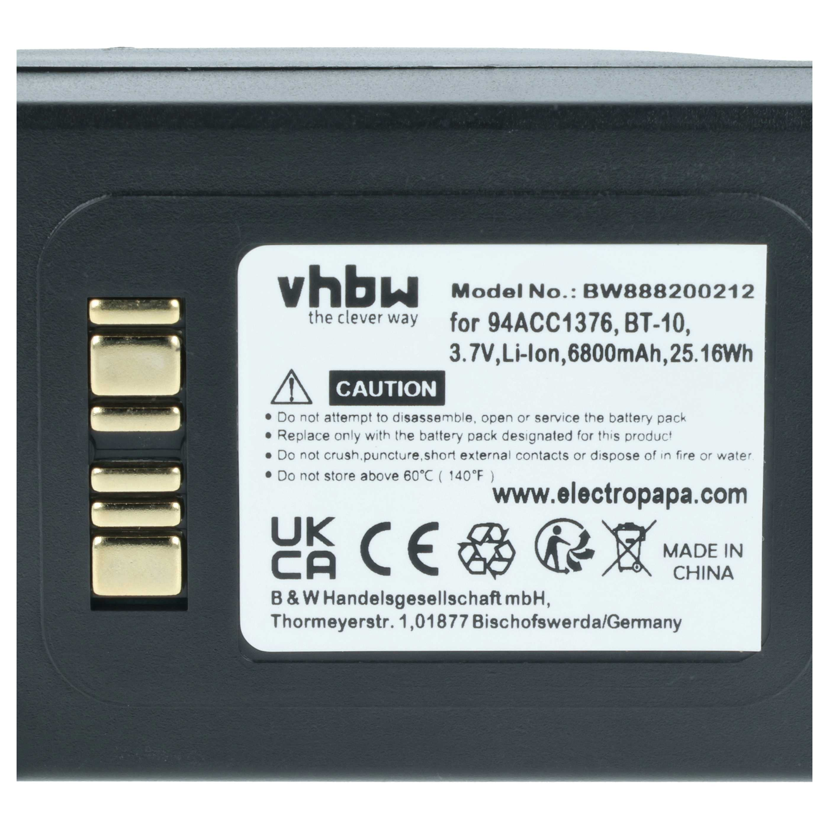 Schwarzer Akku mit goldenen Kontakten und Aufkleber mit Modellnummer BW888200212.