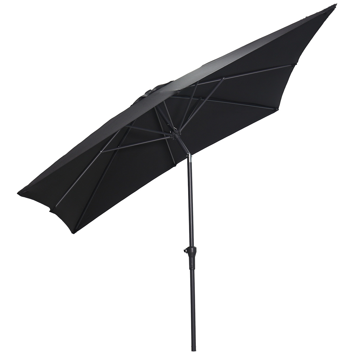 Een zwarte rechthoekige parasol wordt van onderaf getoond tegen een witte achtergrond.