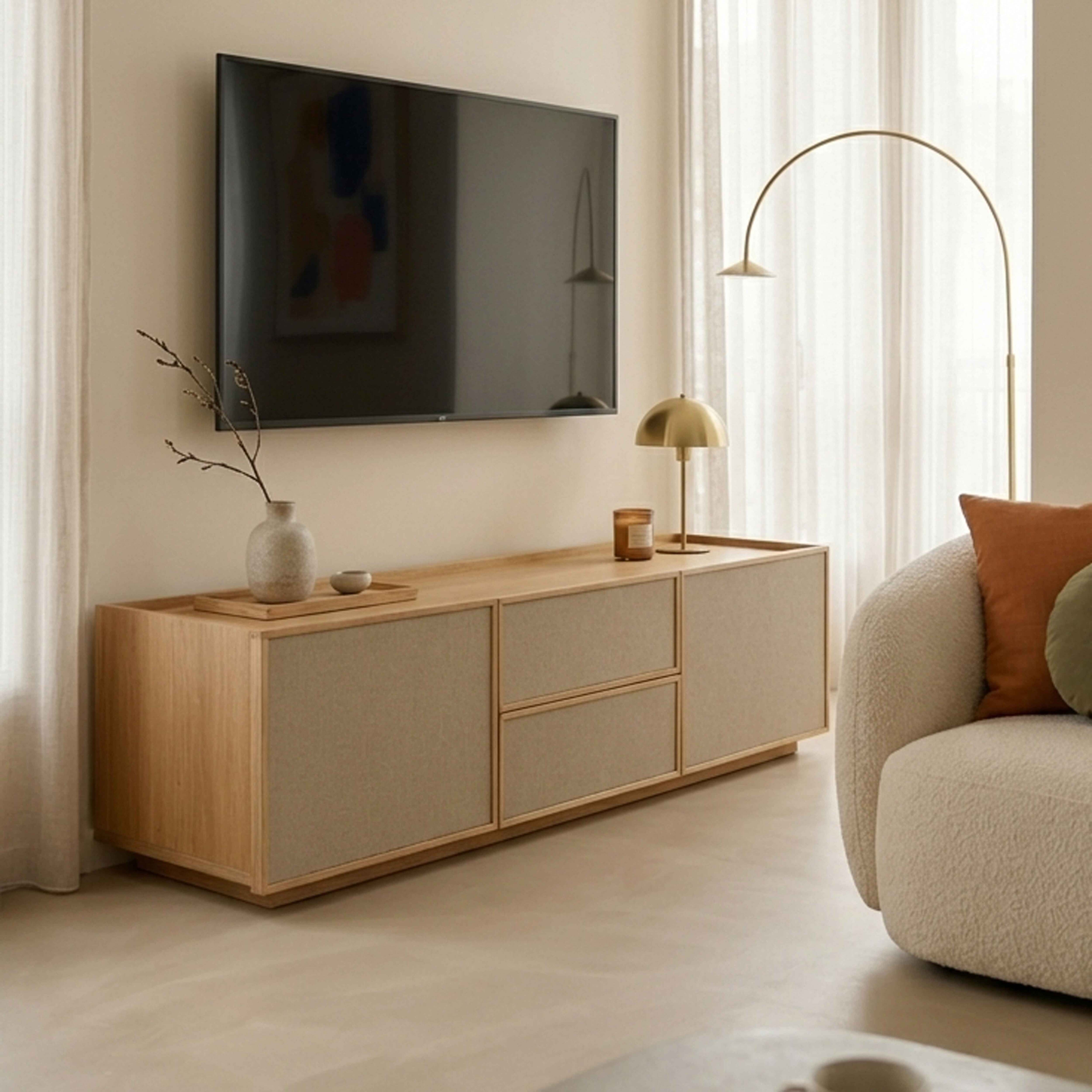 Modernes Wohnzimmer mit TV, Sideboard, Lampe und Sofa.