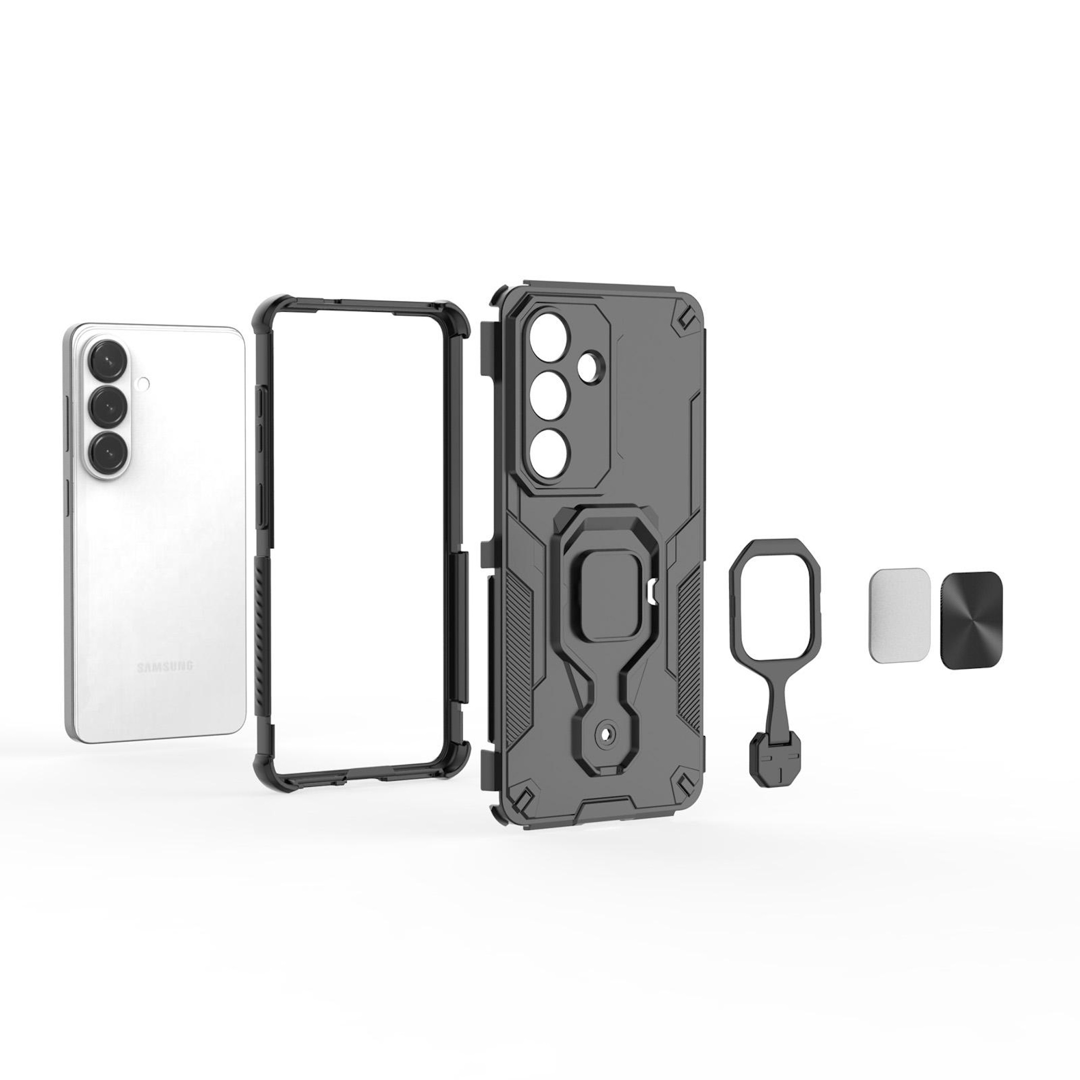 Ein weißes Smartphone mit Kameras neben einem schwarzen Schutzgehäuse und Zubehör.