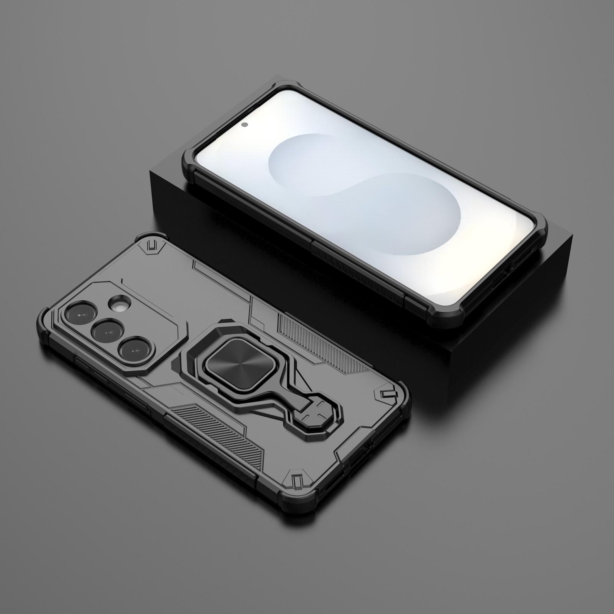 Ein schwarzes Handy mit Ringhalter und drei Kameras liegt auf einer dunklen Oberfläche.