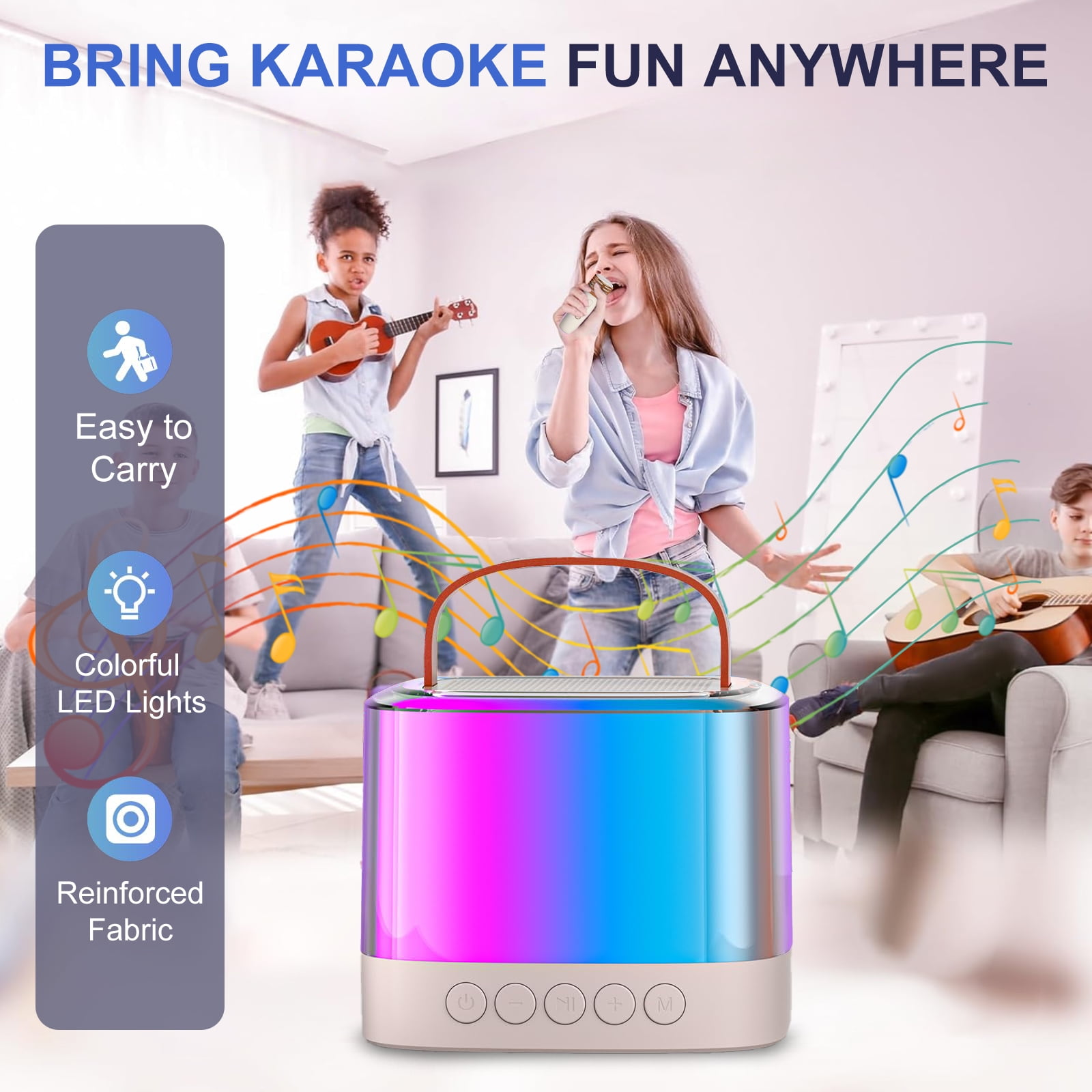 Kinder singen und spielen Musik mit einem bunten Lautsprecher, der Lichter abgibt.